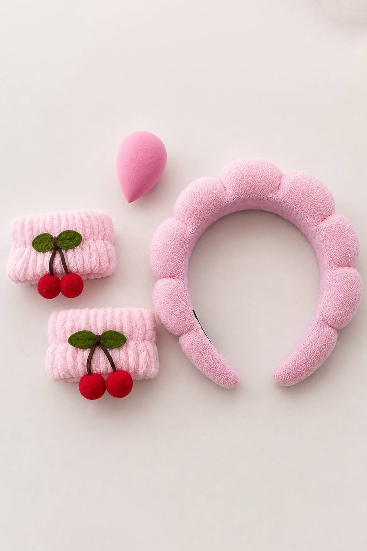 Pembe Renk Spa Saç Bandı/Peluş Su Emici Havlu Bileklik  Ve Sünger Set
