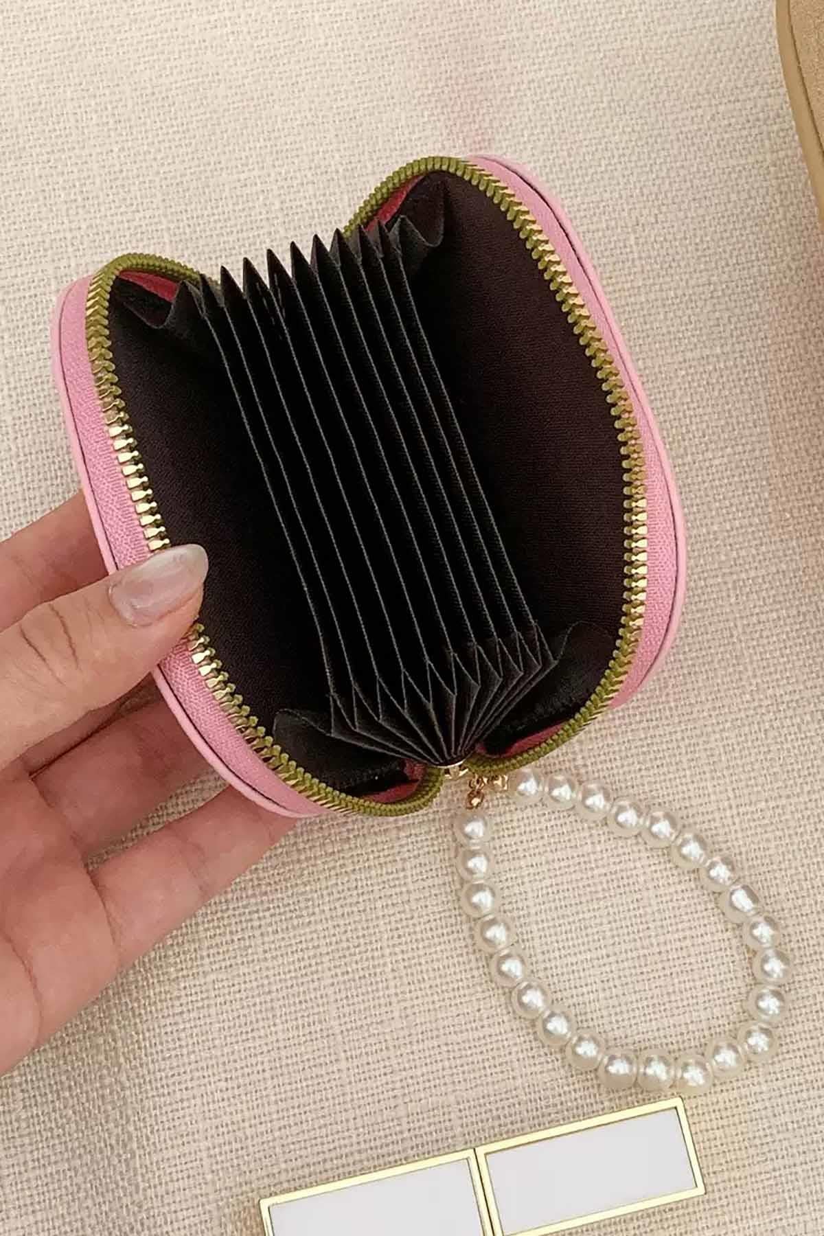 Pembe Renk İnci Detaylı Deri Kadın Cüzdan/Kartlık