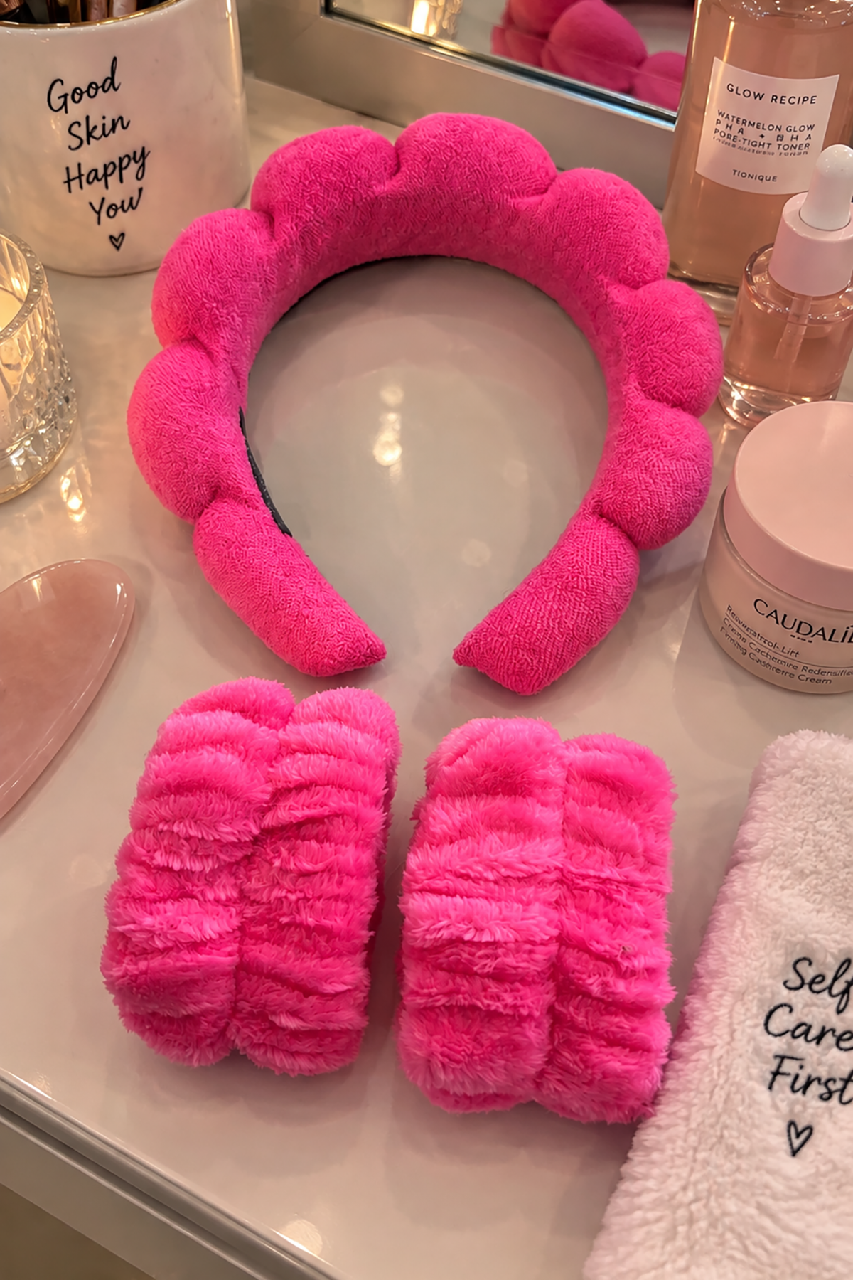 Pembe Renk Spa Taç Ve Peluş Su Emici Havlu Bileklik Set