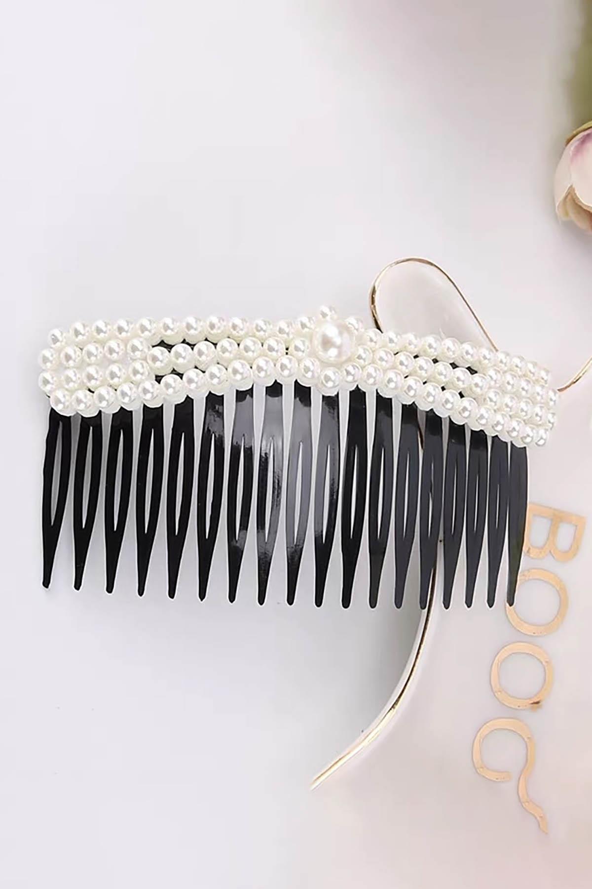 Siyah Renk İnci Detaylı Tarak Toka