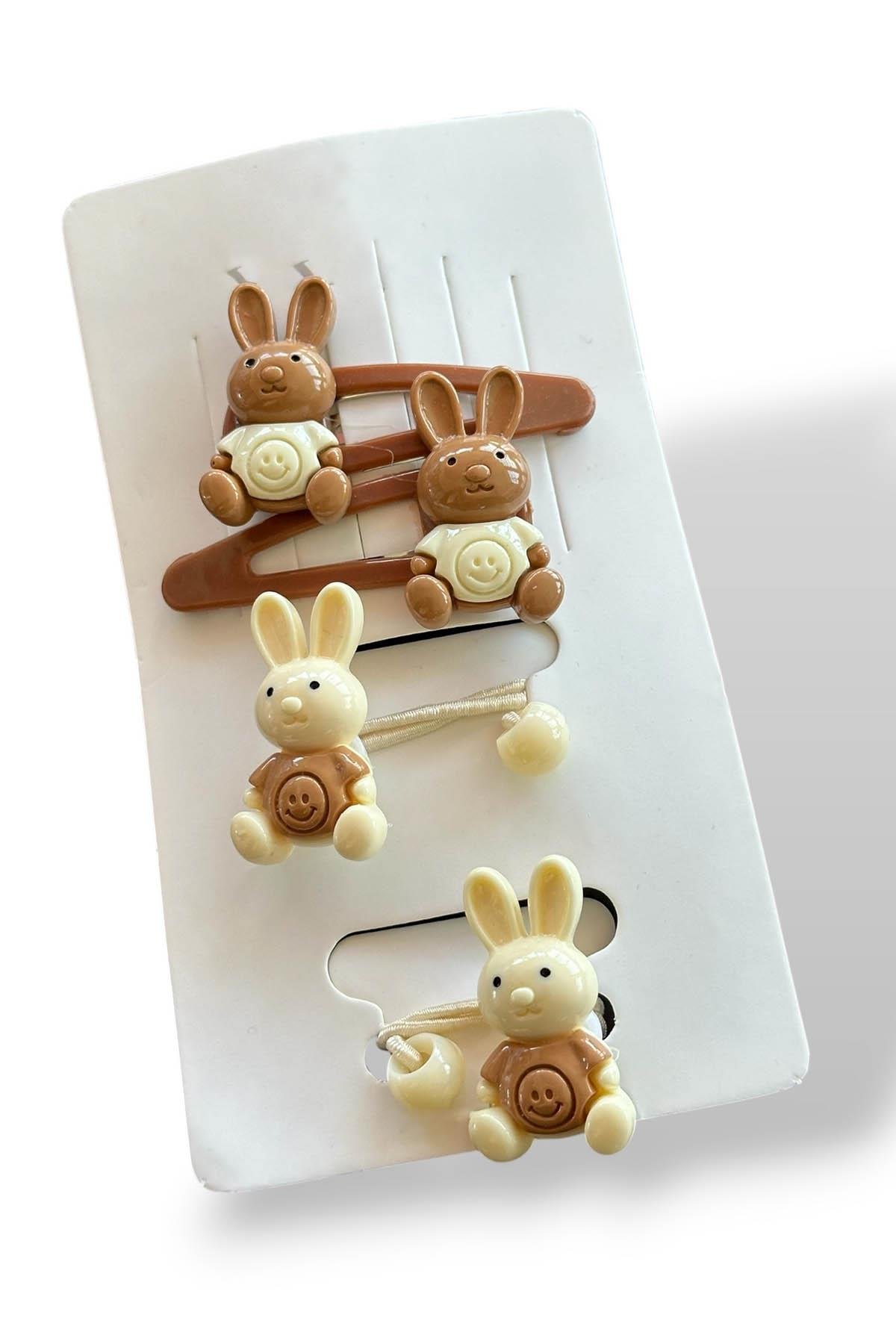 Kahverengi Tavşan Figürlü Yan Toka Ve Lastik Toka Set