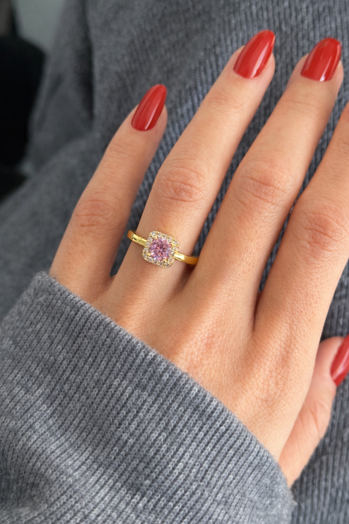 Altın Renk Pembe Taşlı Baget Yüzük (Ayarlanabilir)