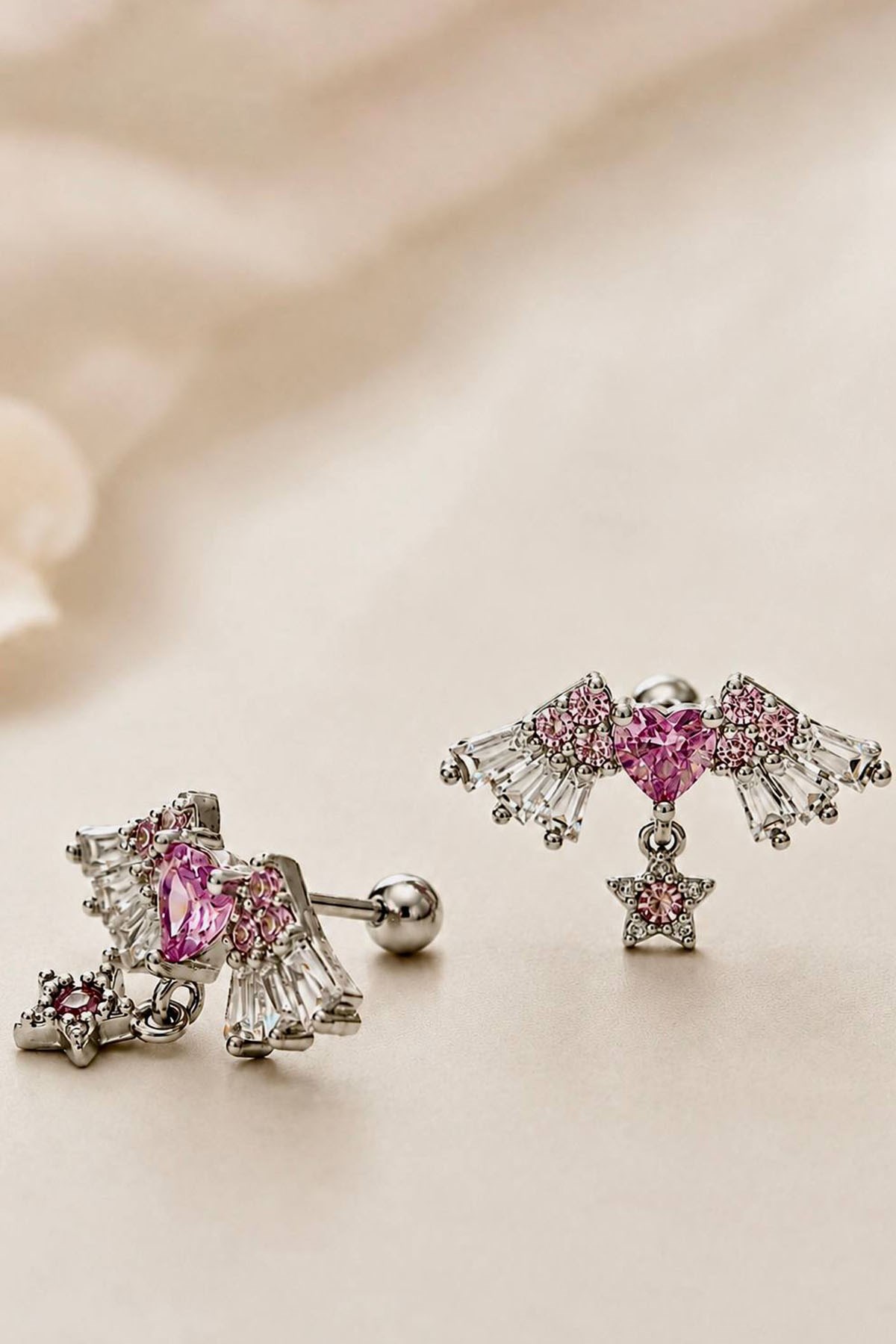 2li Gümüş Renk Kalp Ve Yıldız Figürlü Taş Detaylı Tx Tragus/Kıkırdak Küpe/Piercing 