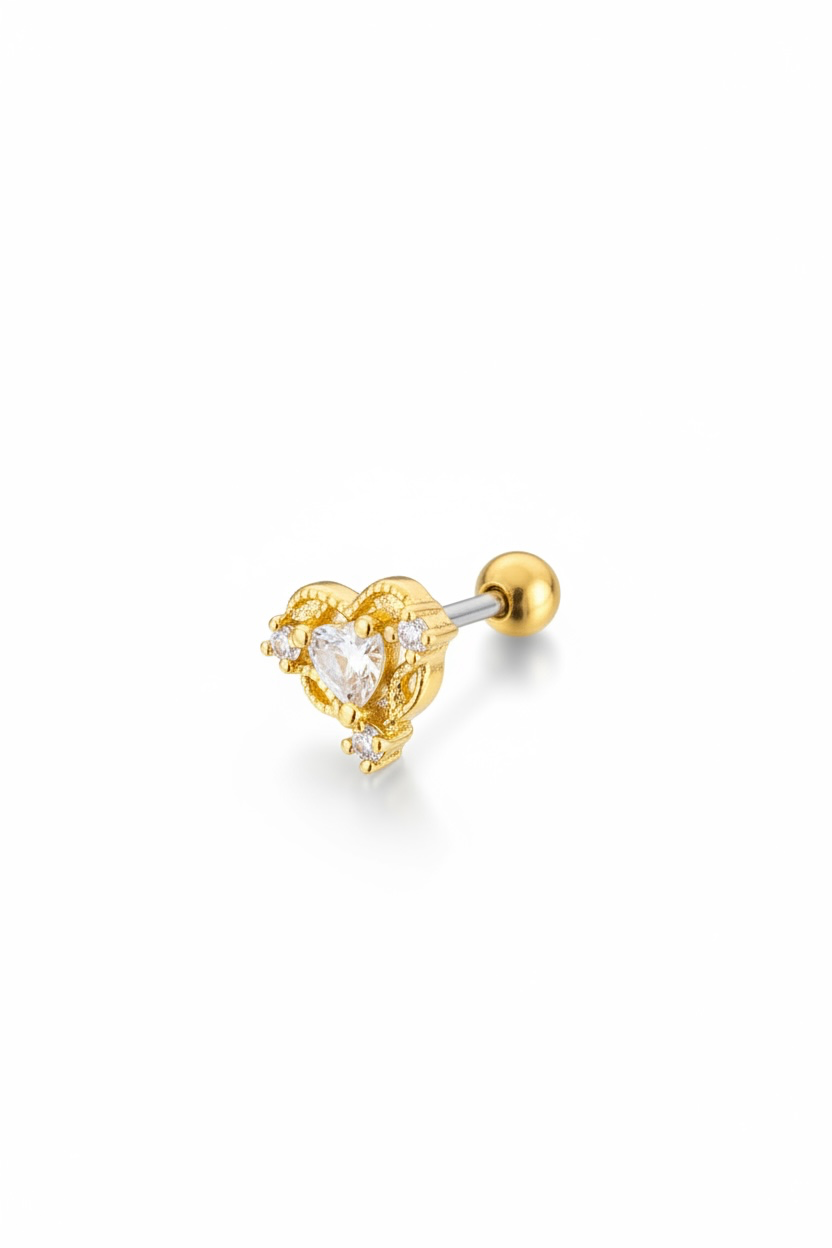 Altın Renk Kalp Figürlü Taşlı Cerrahi Çelik Tragus/Kıkırdak Küpe/Piercing (Tek)