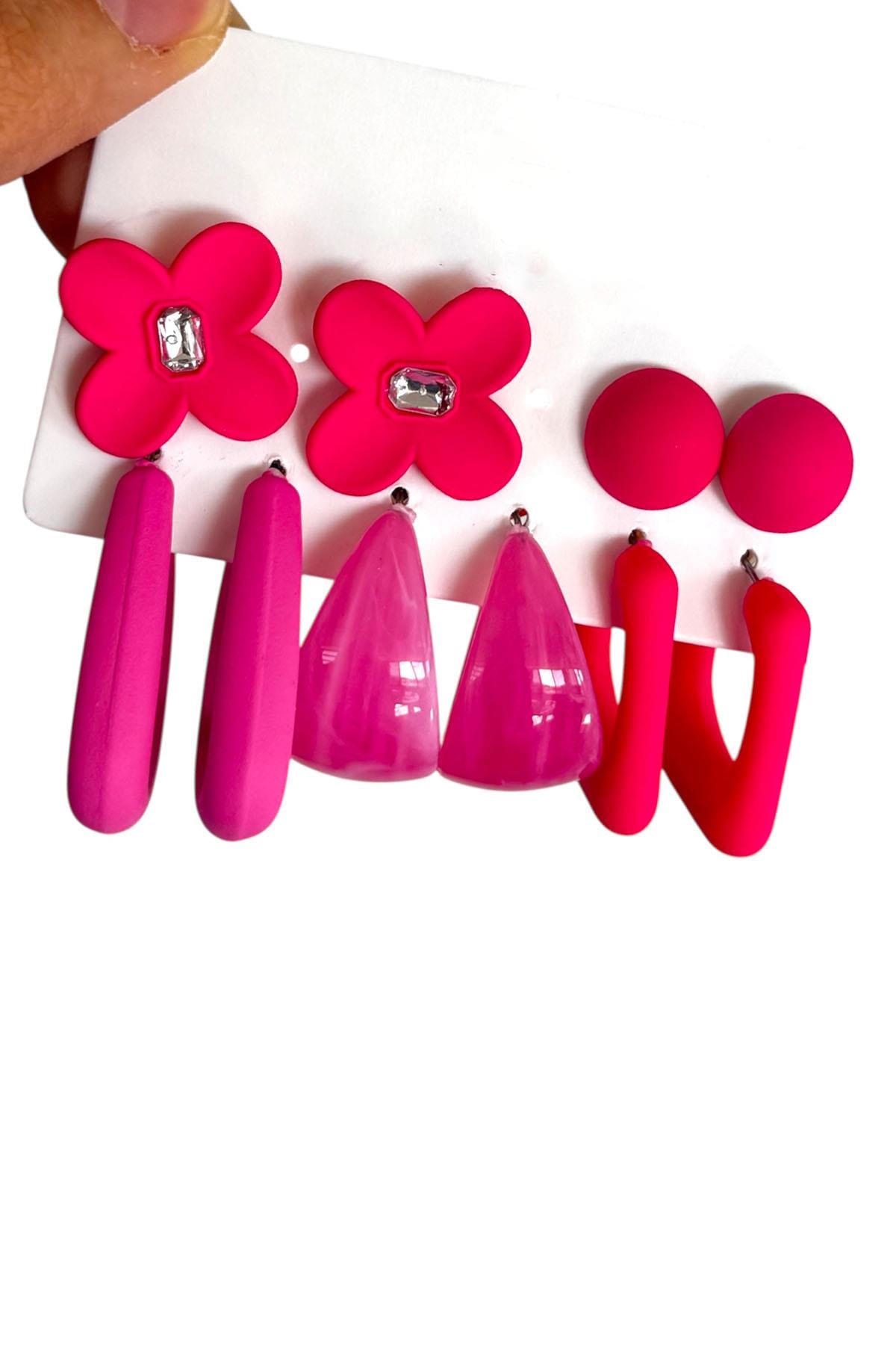 Pembe Renk Karışık Figürlü Küpe Set