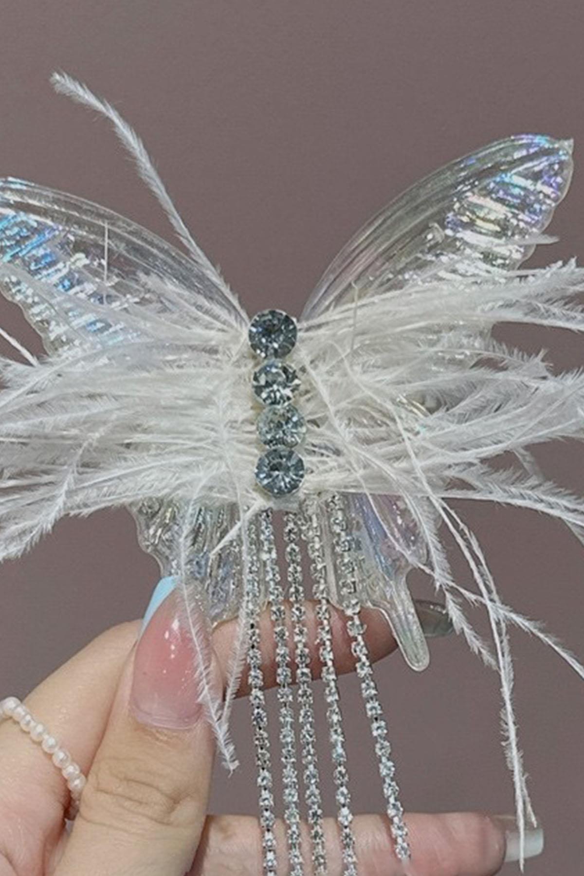 Şeffaf Renk Kelebek Figürlü Taş Detaylı Yan Toka