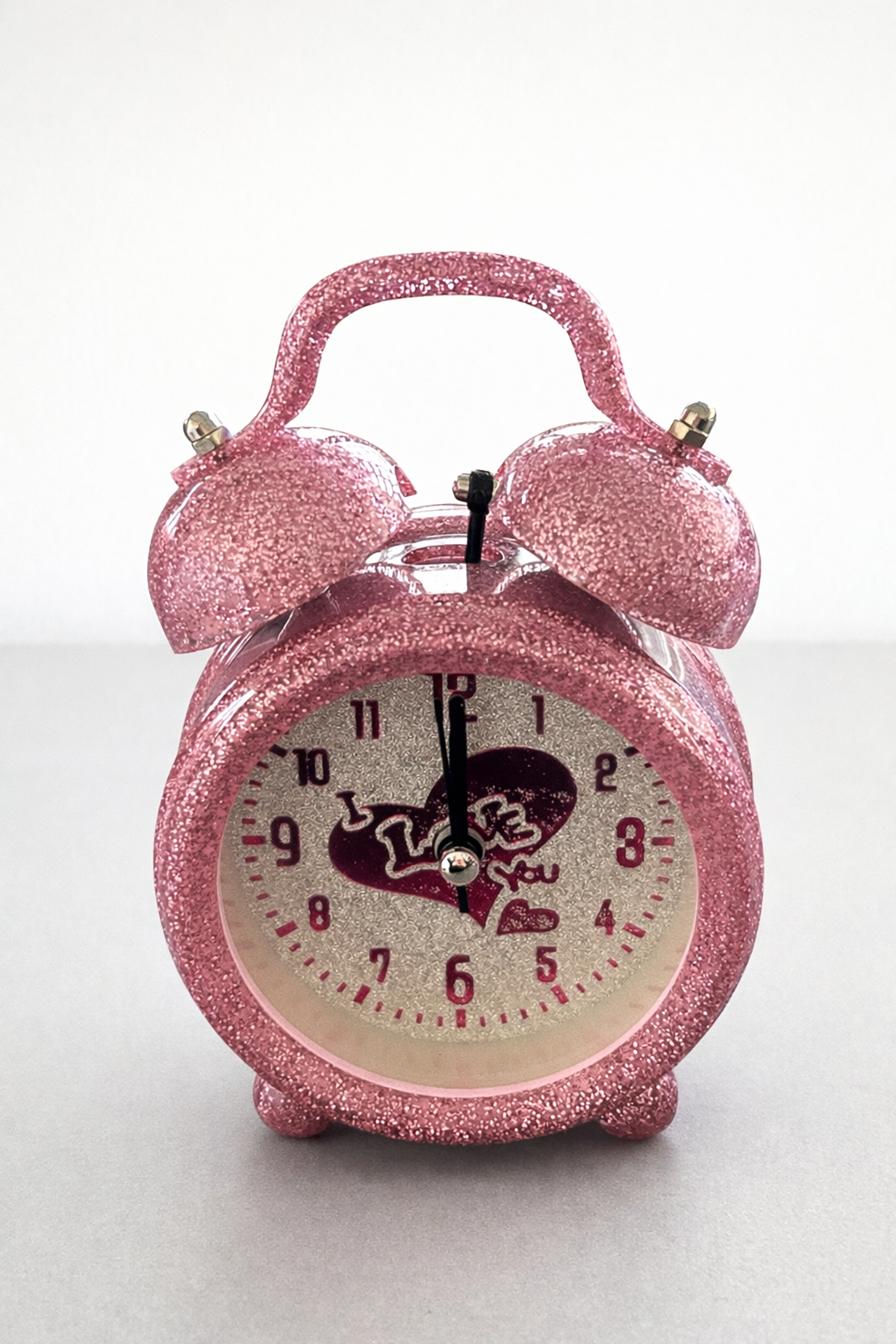 Pembe Renk Simli Mini Dekoratif Işıklı Alarmlı Yuvarlak Masa Saati