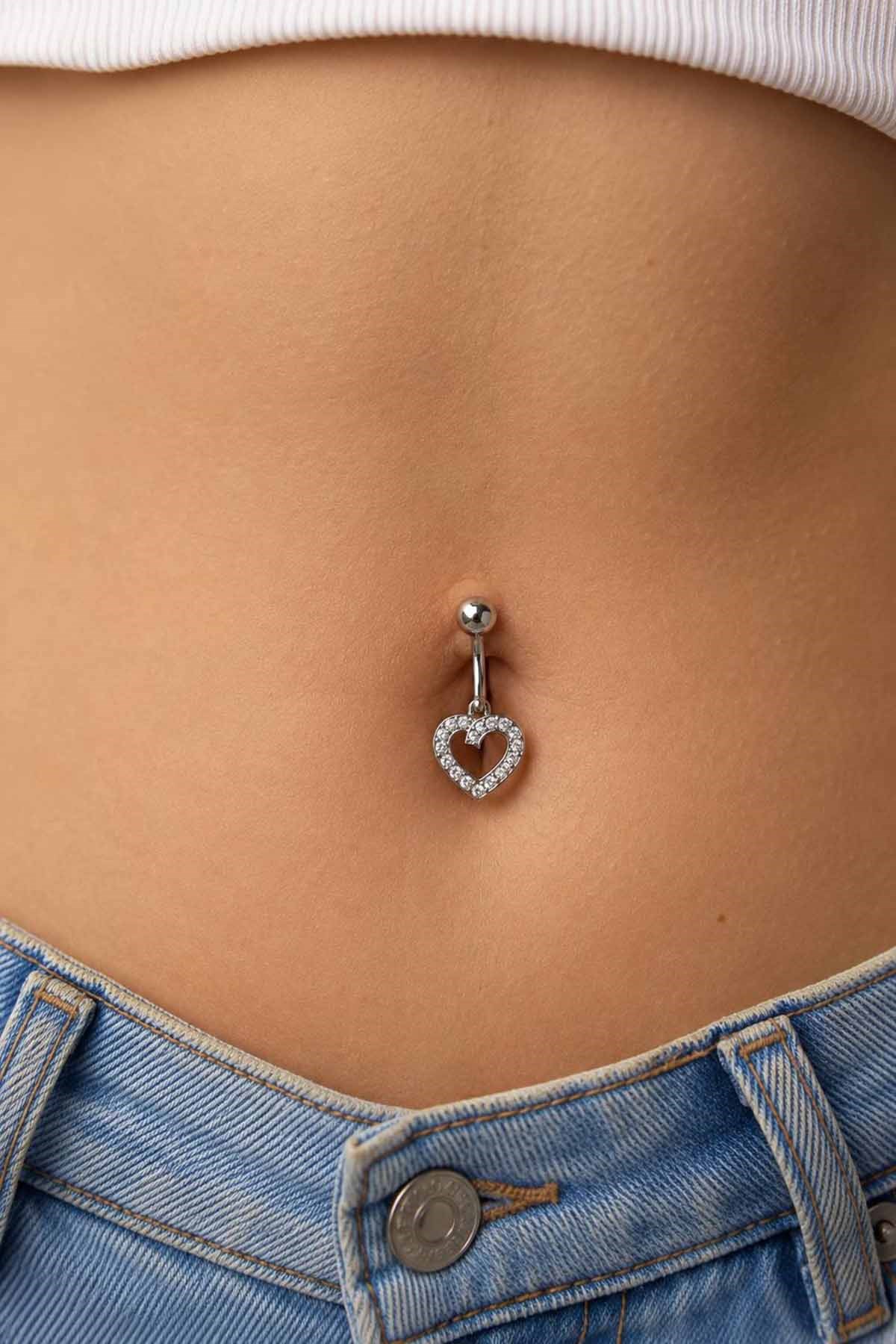 Gümüş Renk Kalp Figürlü Taşlı Cerrahi Çelik Göbek Piercing