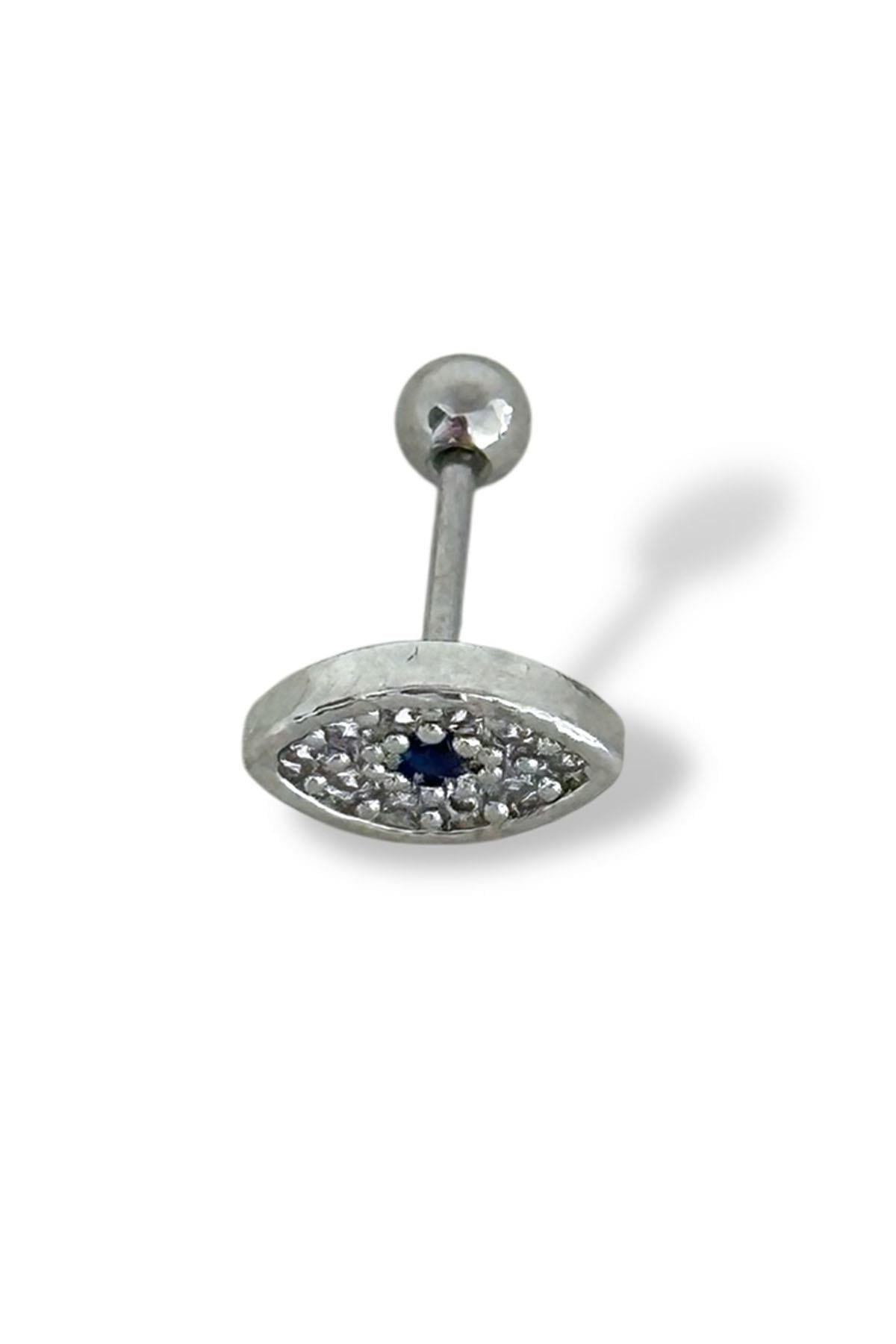 Gümüş Renk Göz Figürlü Taş Detaylı Çelik Tragus/Kıkırdak Küpe/Piercing (Tek)