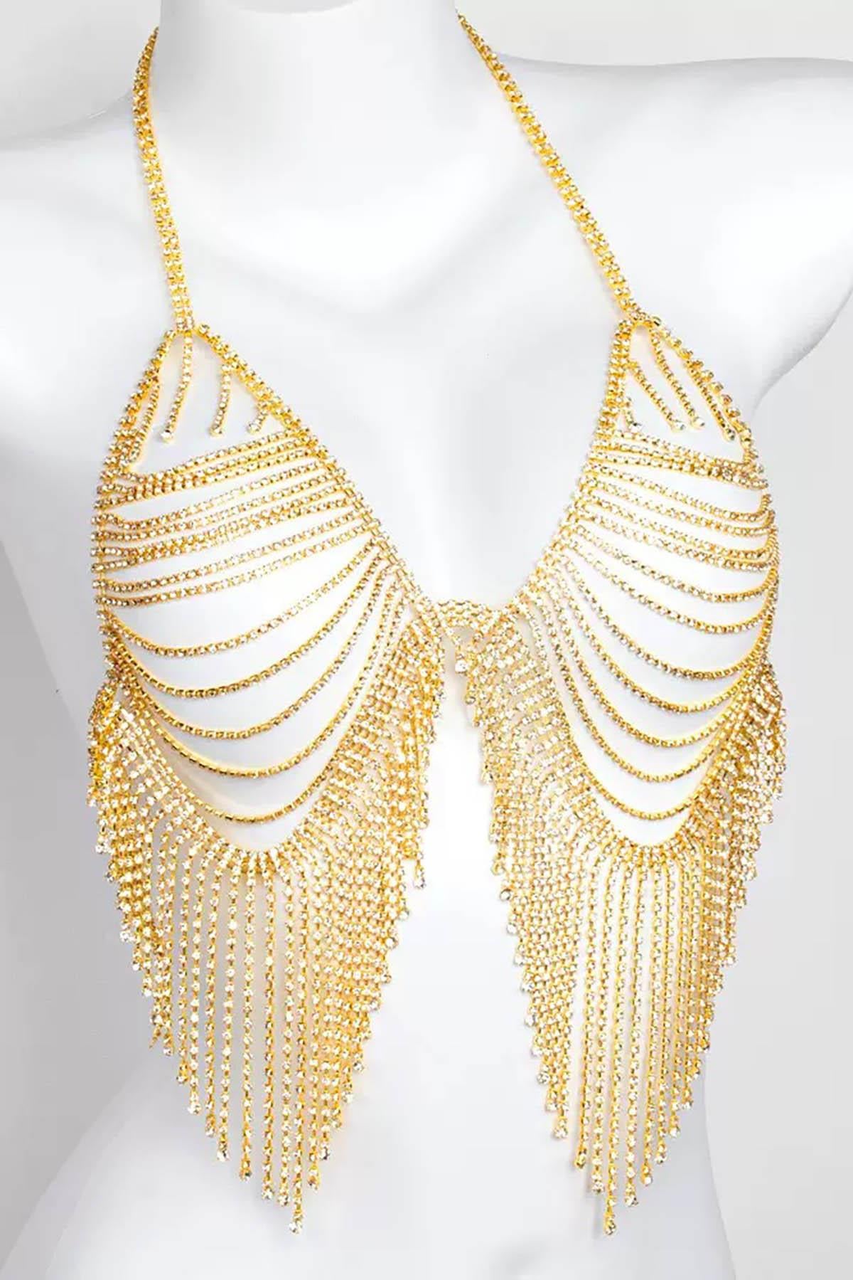 Altın Renk Taş Detaylı Bikini Üstü /Bralet /Vücut Aksesuarı