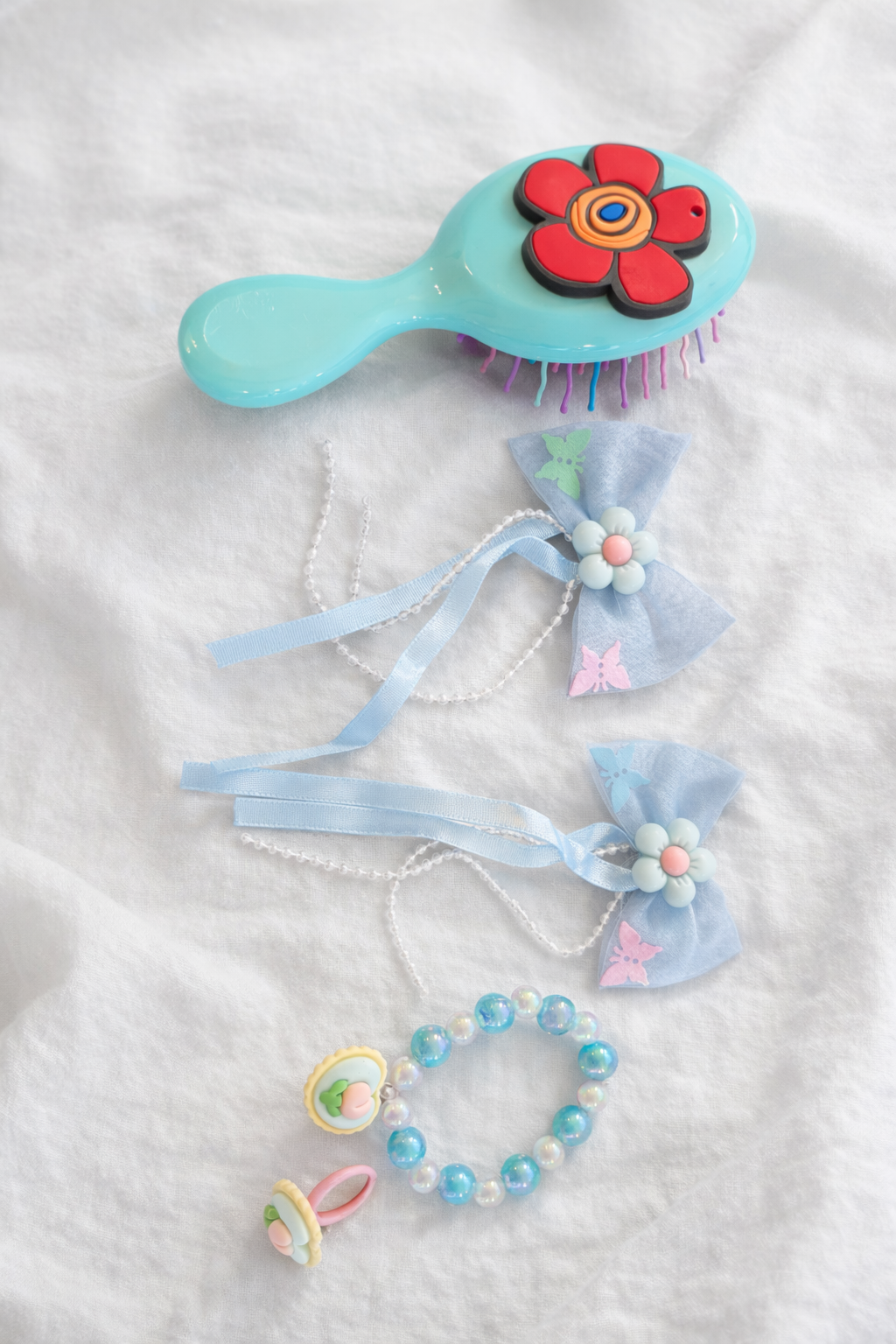 Turkuaz Renk Çocuk Tarak,Bileklik,Yüzük Ve Toka Set