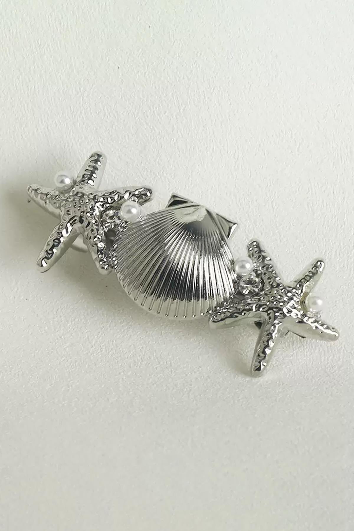 Gümüş Renk Deniz Kabuğu Ve Yıldız Figürlü Metal Otomat Toka