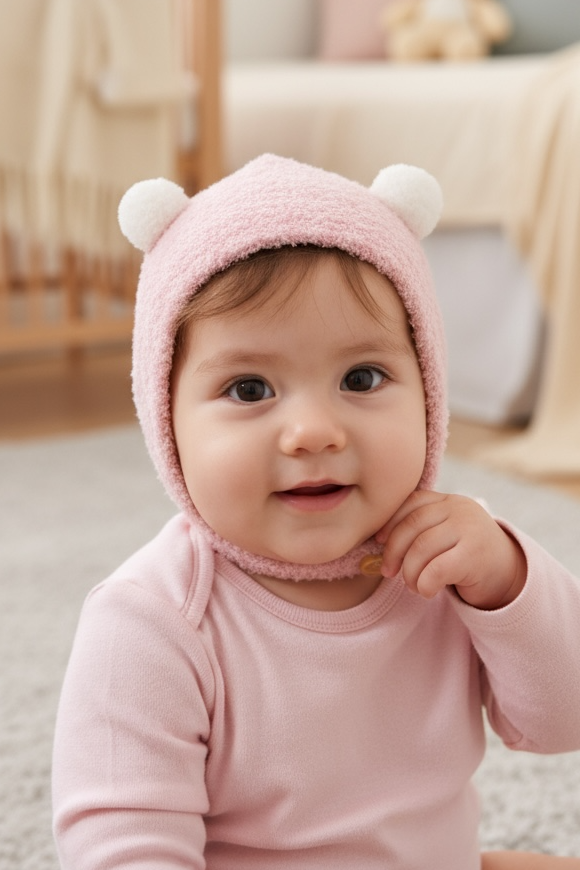 Pembe Renk Ponpon Detaylı Bebek Peluş Şapka