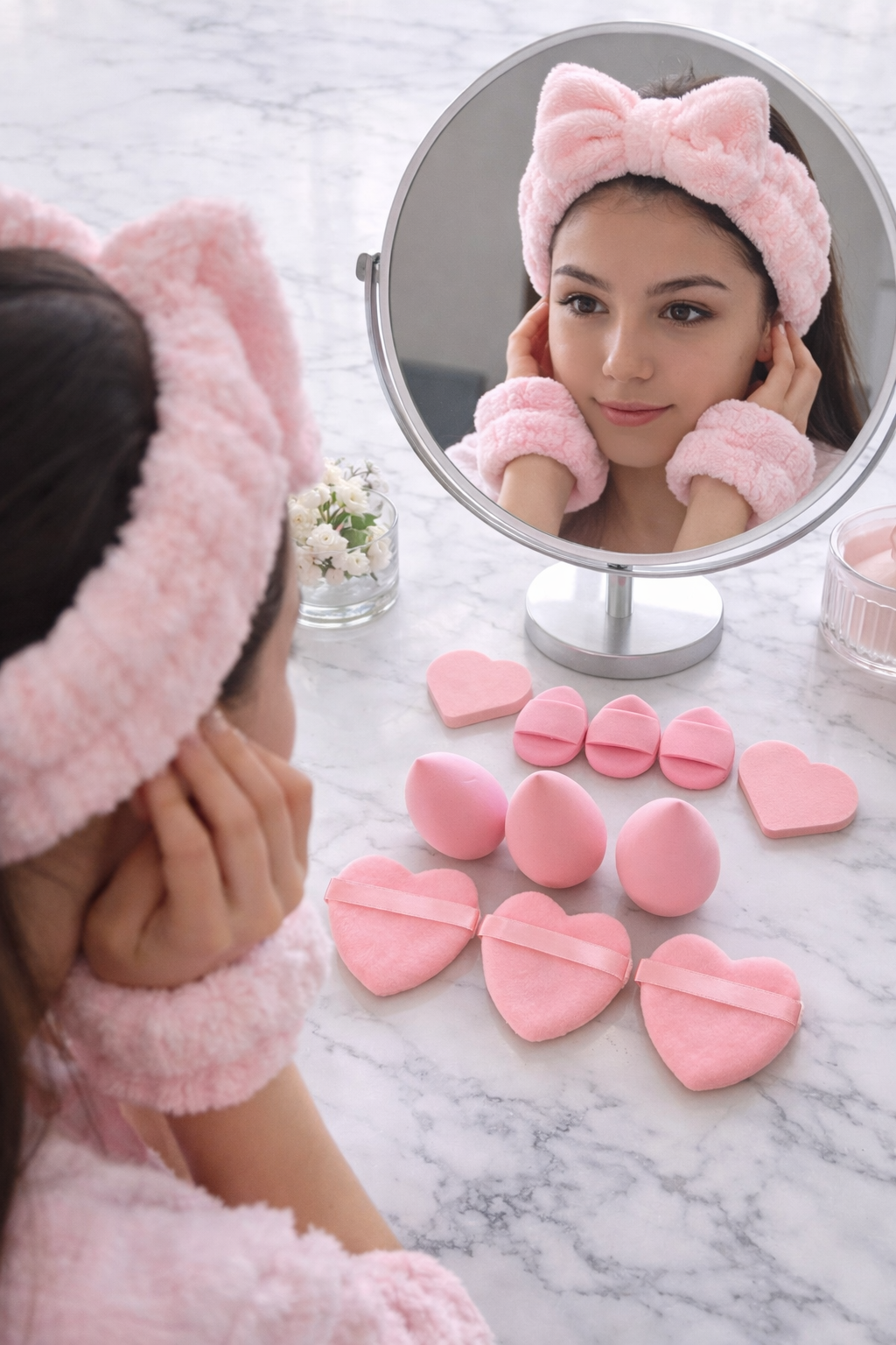 Pembe Renk Kurdele Figürlü Su Emici Havlu Bileklik/Saç Bandı/Makyaj Süngeri Set