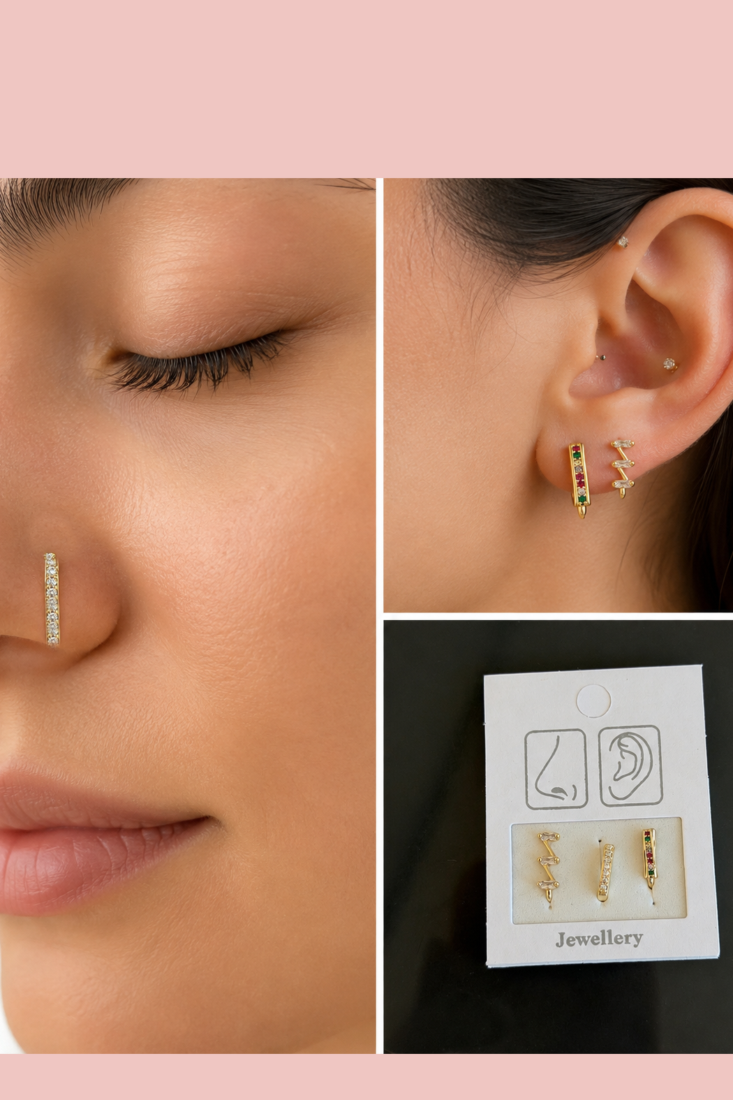 Altın Renk Karışık Figürlü Deliksiz Kulak/Burun 3lü Piercing Set