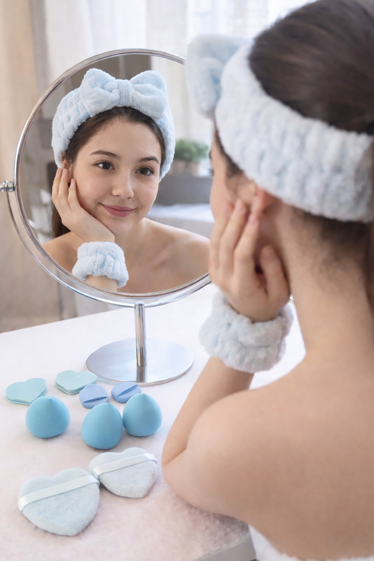 Mavi Renk Kurdele Figürlü Su Emici Havlu Bileklik/Saç Bandı/Makyaj Süngeri Set