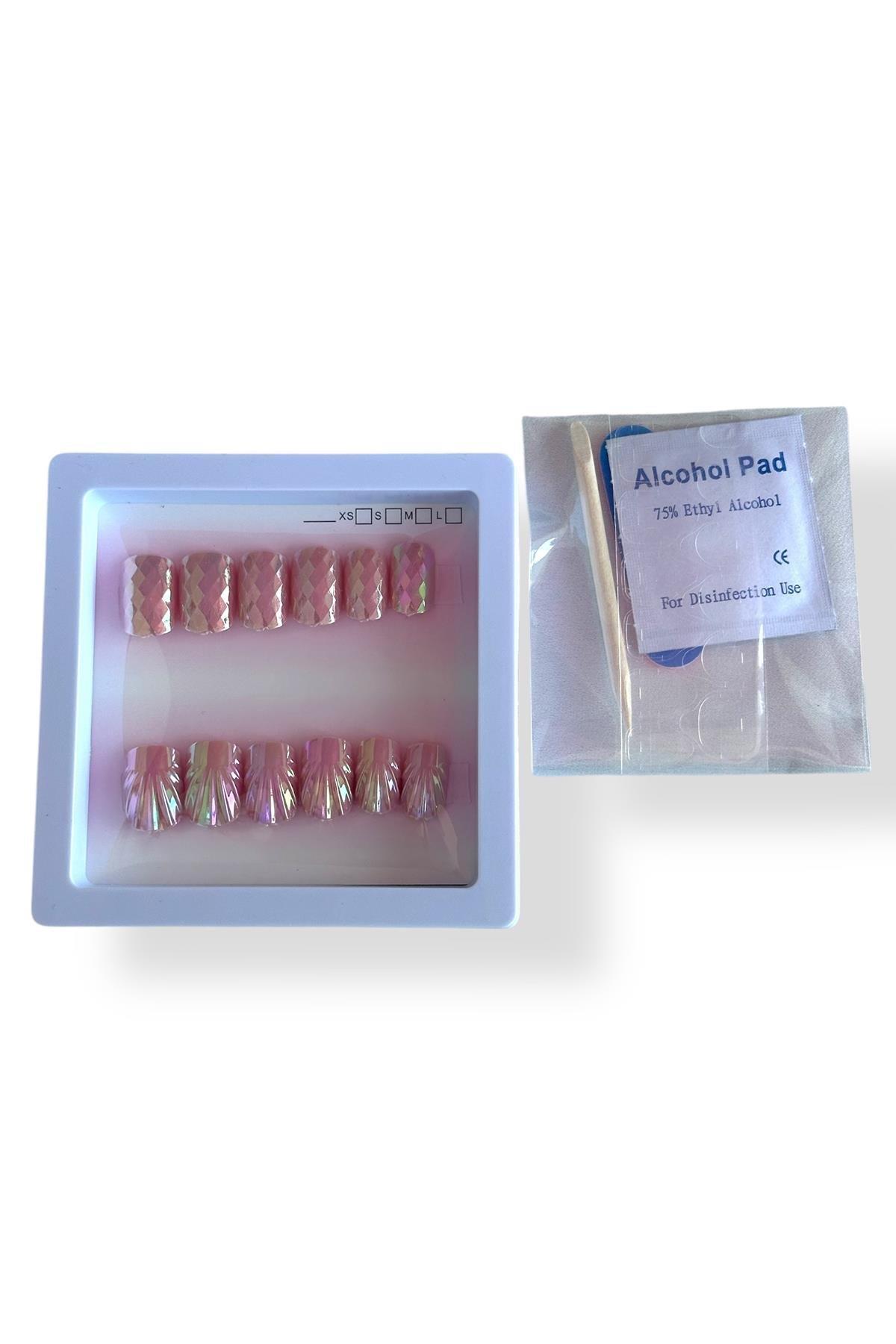 12li Pembe Renk Karışık Figürlü Jel Görünümlü Takma Tırnak Set (Yapıştırıcılı)