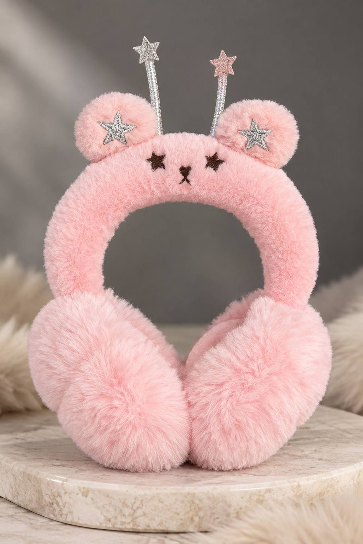 Pembe Renk Ayıcık Figürlü Yıldız Detaylı  Peluş Kulaklık