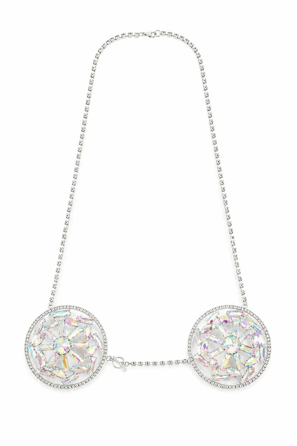 Gümüş Renk Hologram Taş Detaylı Bikini Üstü /Bralet /Vücut Aksesuarı