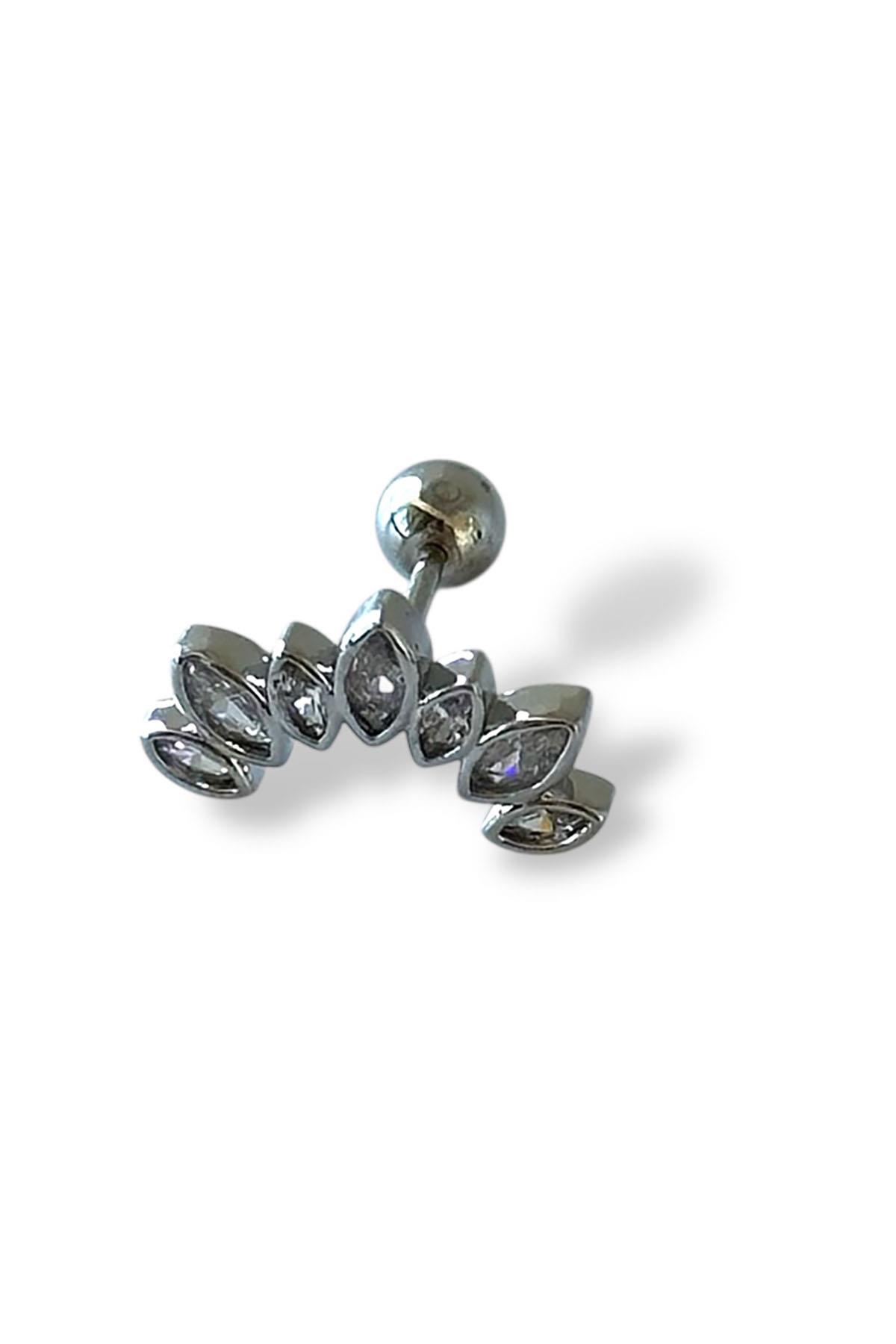 Gümüş Renk Taş Detaylı Çelik Tragus/Kıkırdak Küpe/Piercing (Tek)