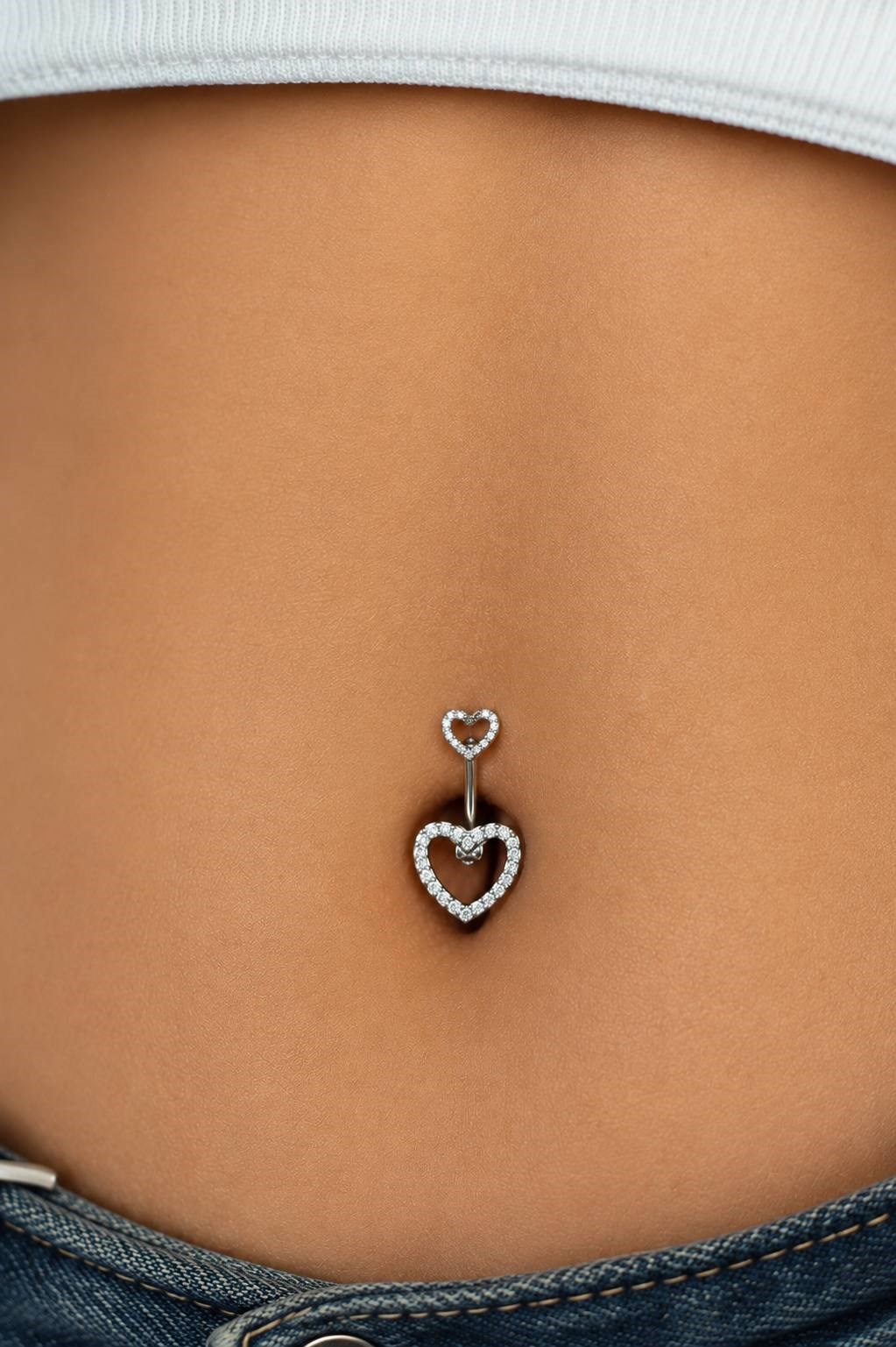 Gümüş Renk Kalp Figürlü Taşlı Cerrahi Çelik Göbek Piercing