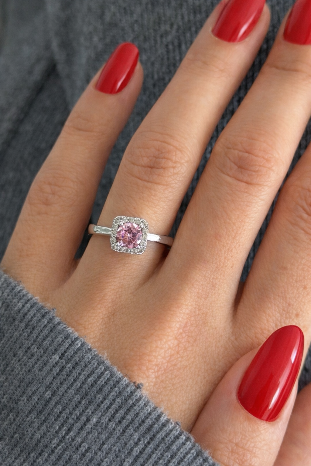 Gümüş Renk Pembe Taşlı Baget Yüzük (Ayarlanabilir)