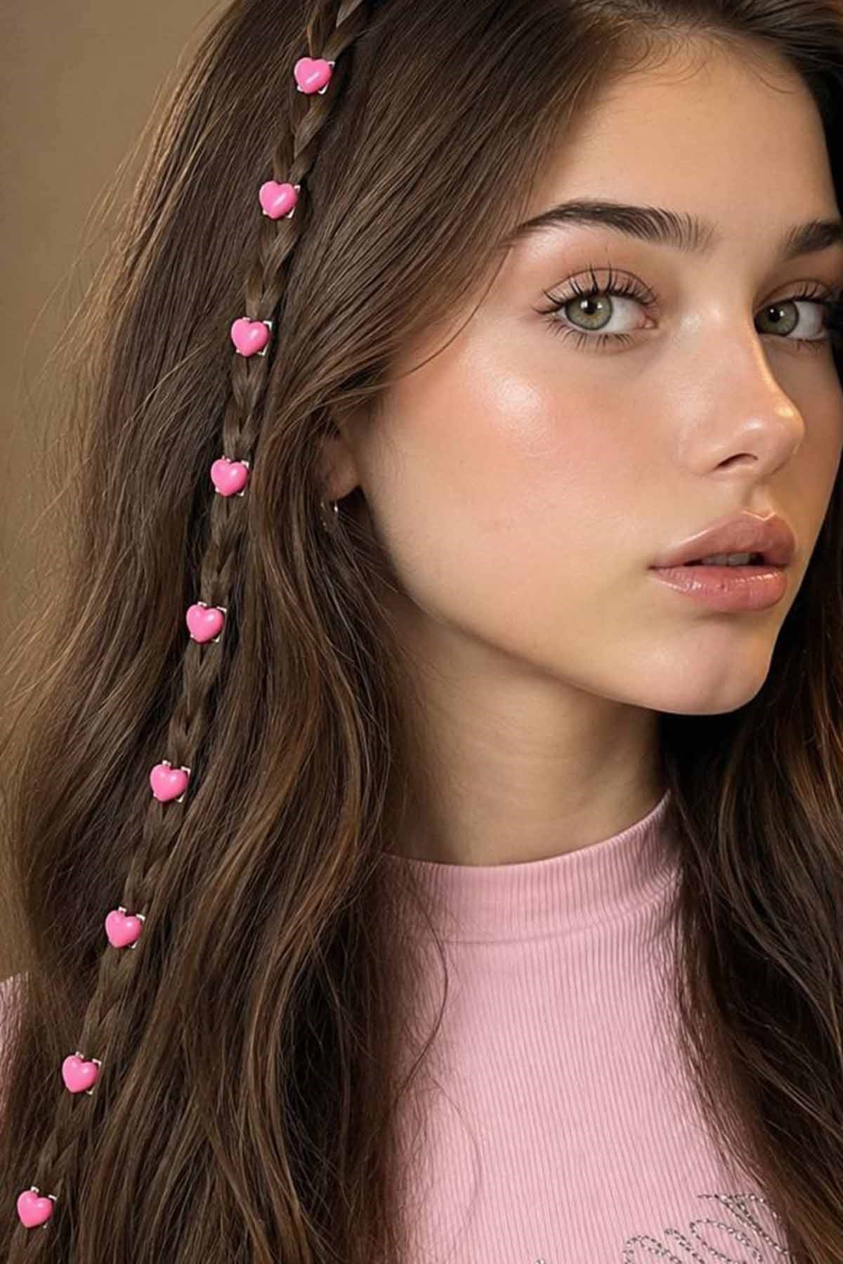 Pembe Renk 8li Kalp Figürlü Saç Küpesi