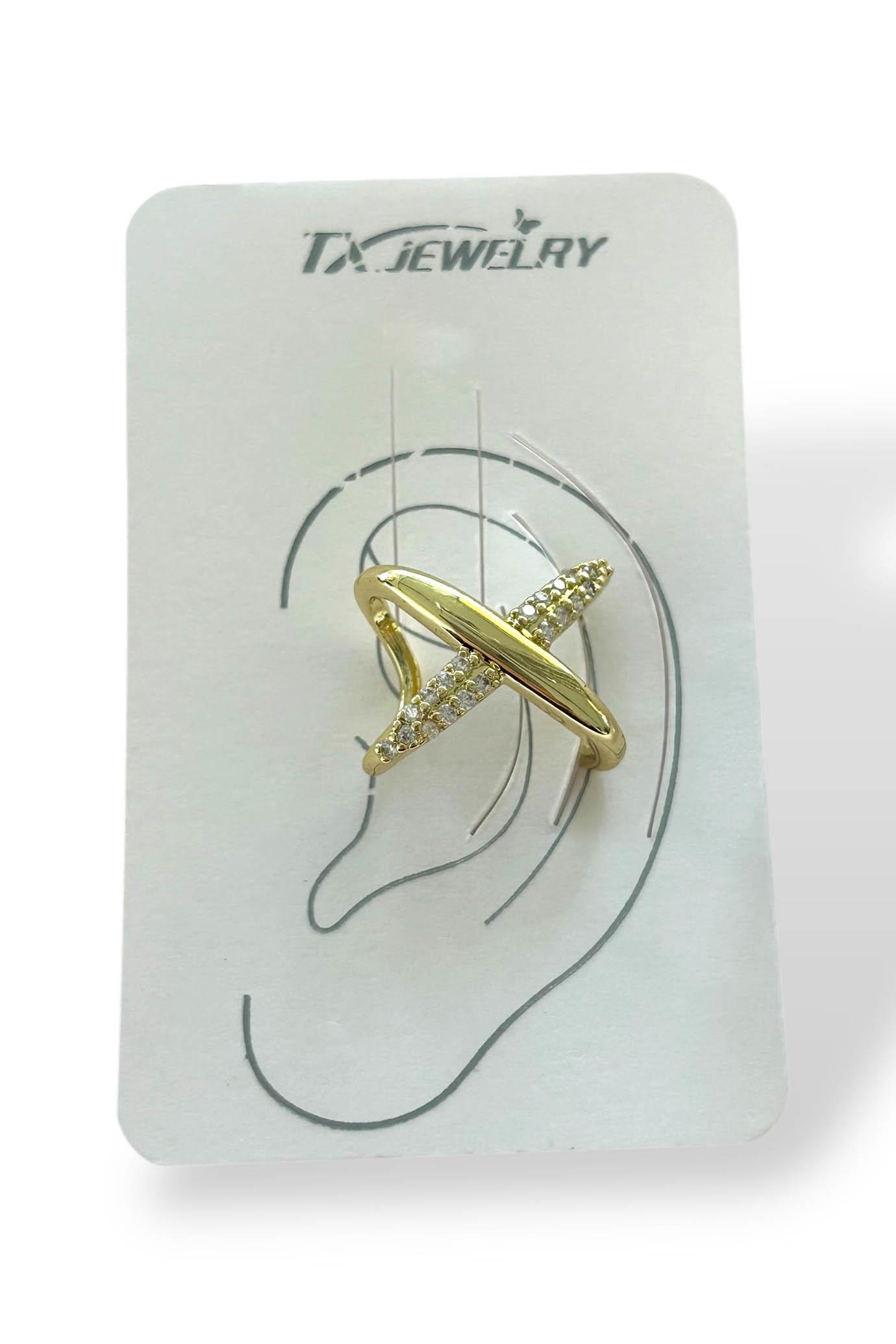 Altın Renk Taş Detaylı Çarpı Figürlü 14K Altın Kaplama TX Ear Cuff (Tek)