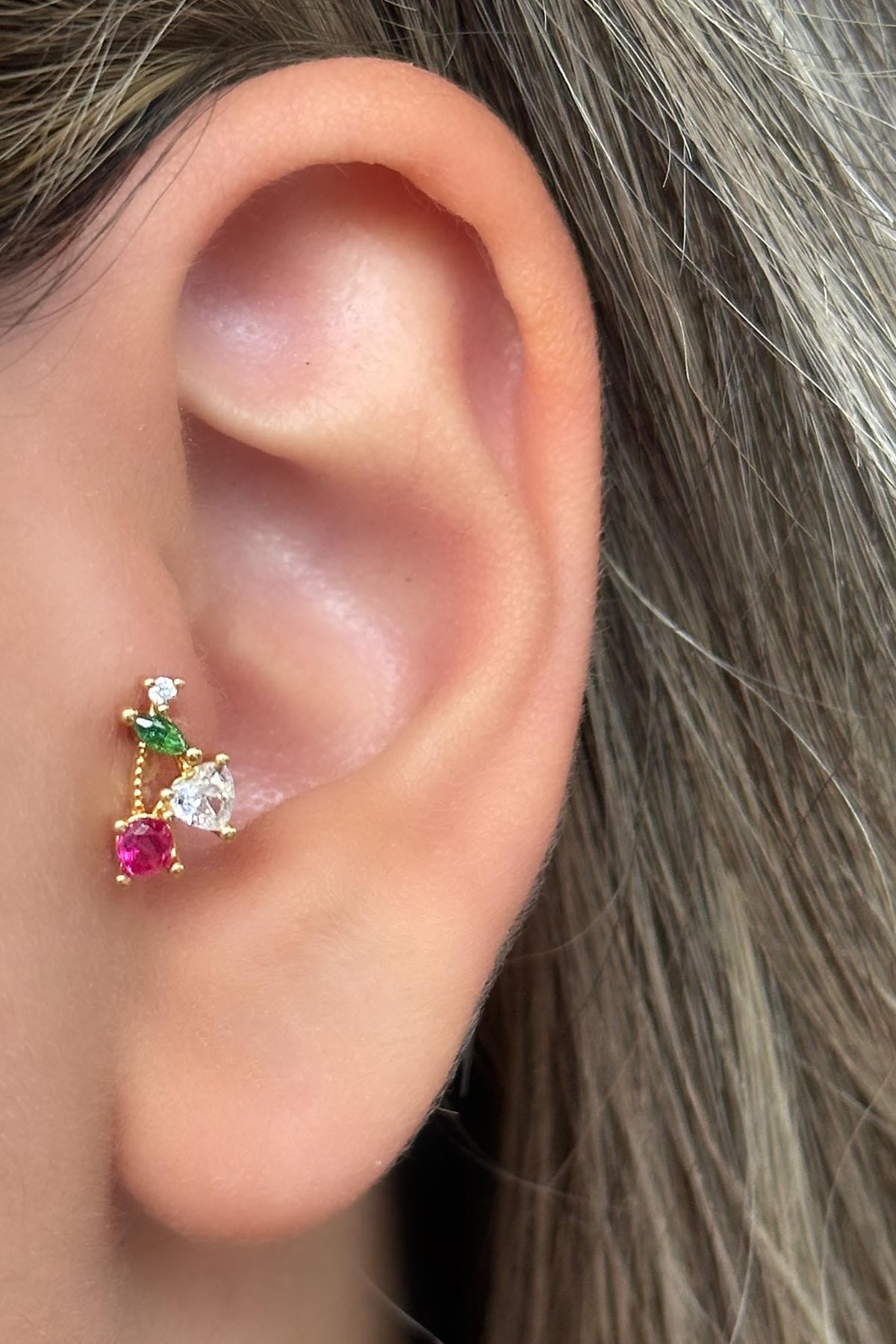 Altın Renk Kiraz Figürlü Taş Detaylı Çelik Tragus/Kıkırdak Küpe/Piercing (Tek)