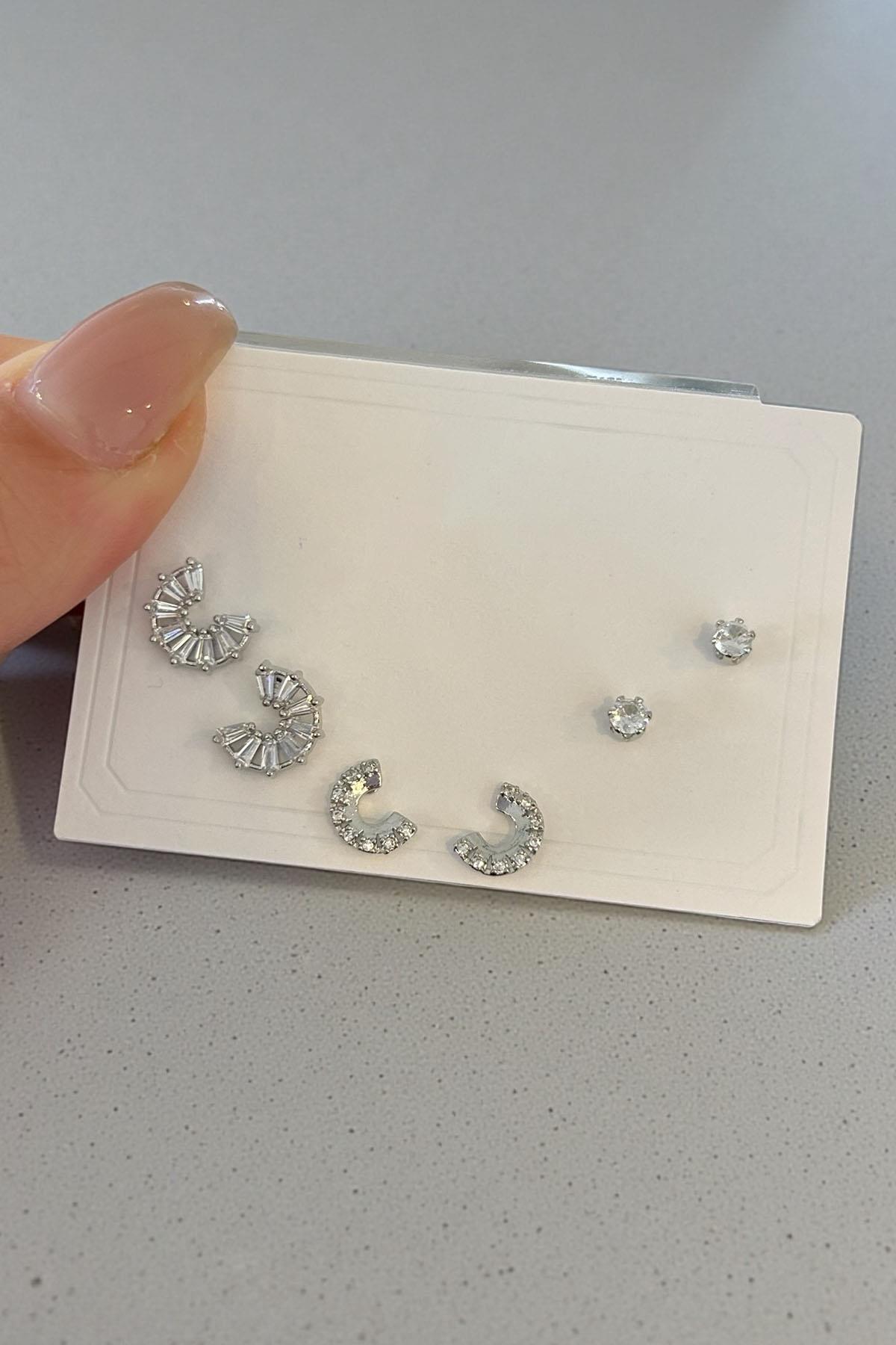 6lı Gümüş Renk Taş Detaylı 14k Altın Kaplama Küpe Set