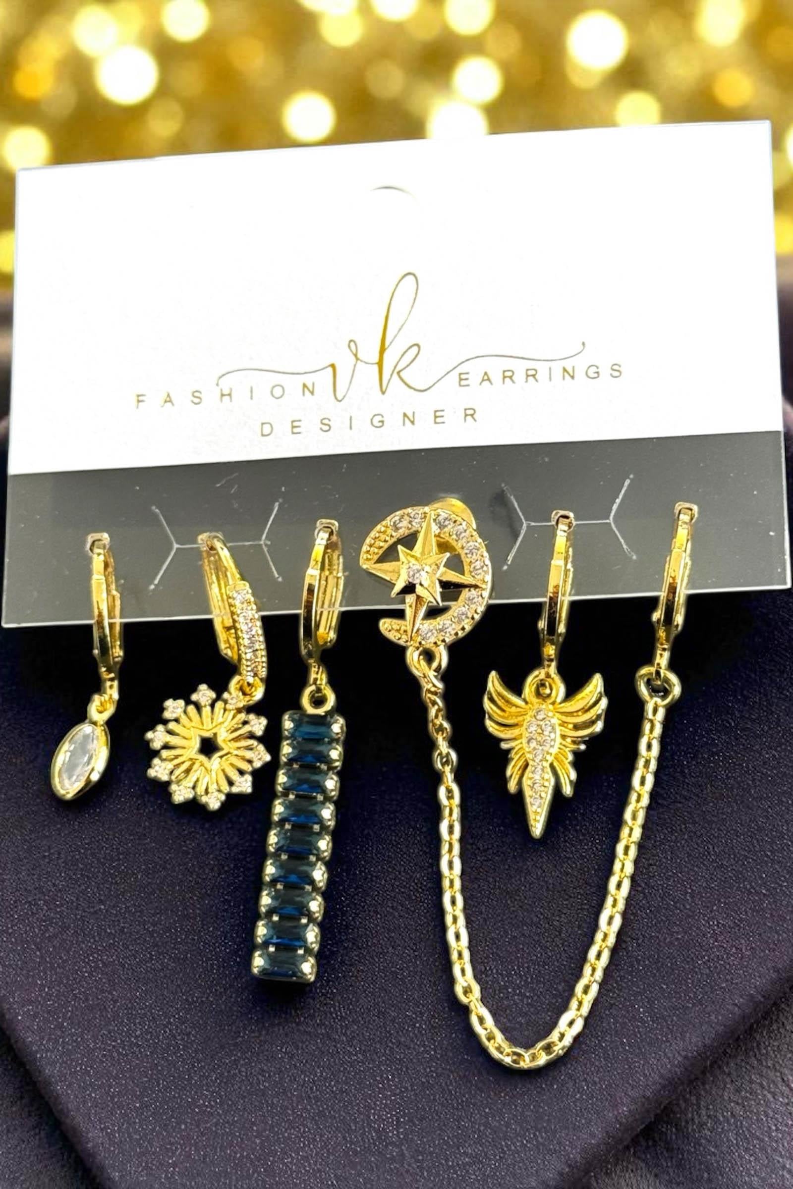 6lı Altın Renk Taş Detaylı Küpe Set