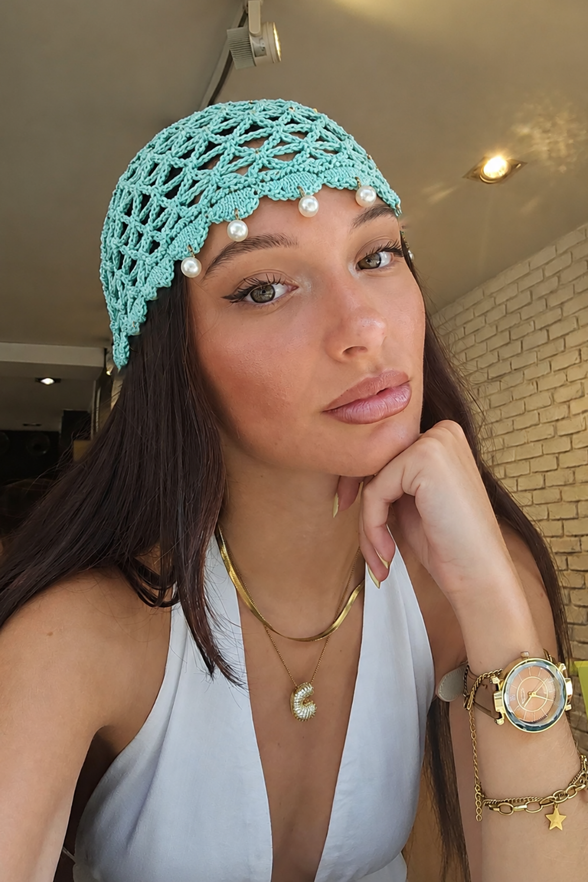 Turkuaz Renk İnci Detaylı Örgü Saç Bandana