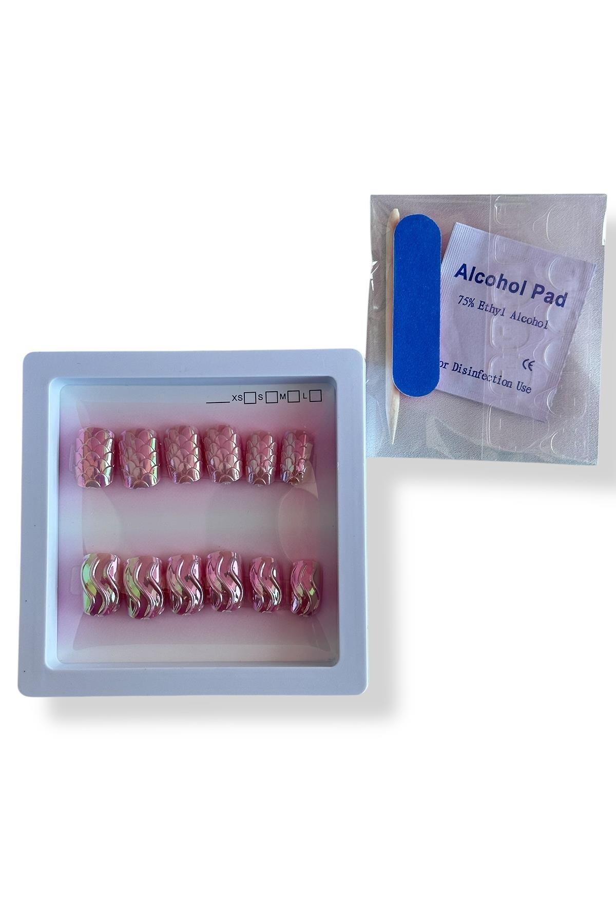 12li Pembe Renk Karışık Figürlü Jel Görünümlü Takma Tırnak Set (Yapıştırıcılı)