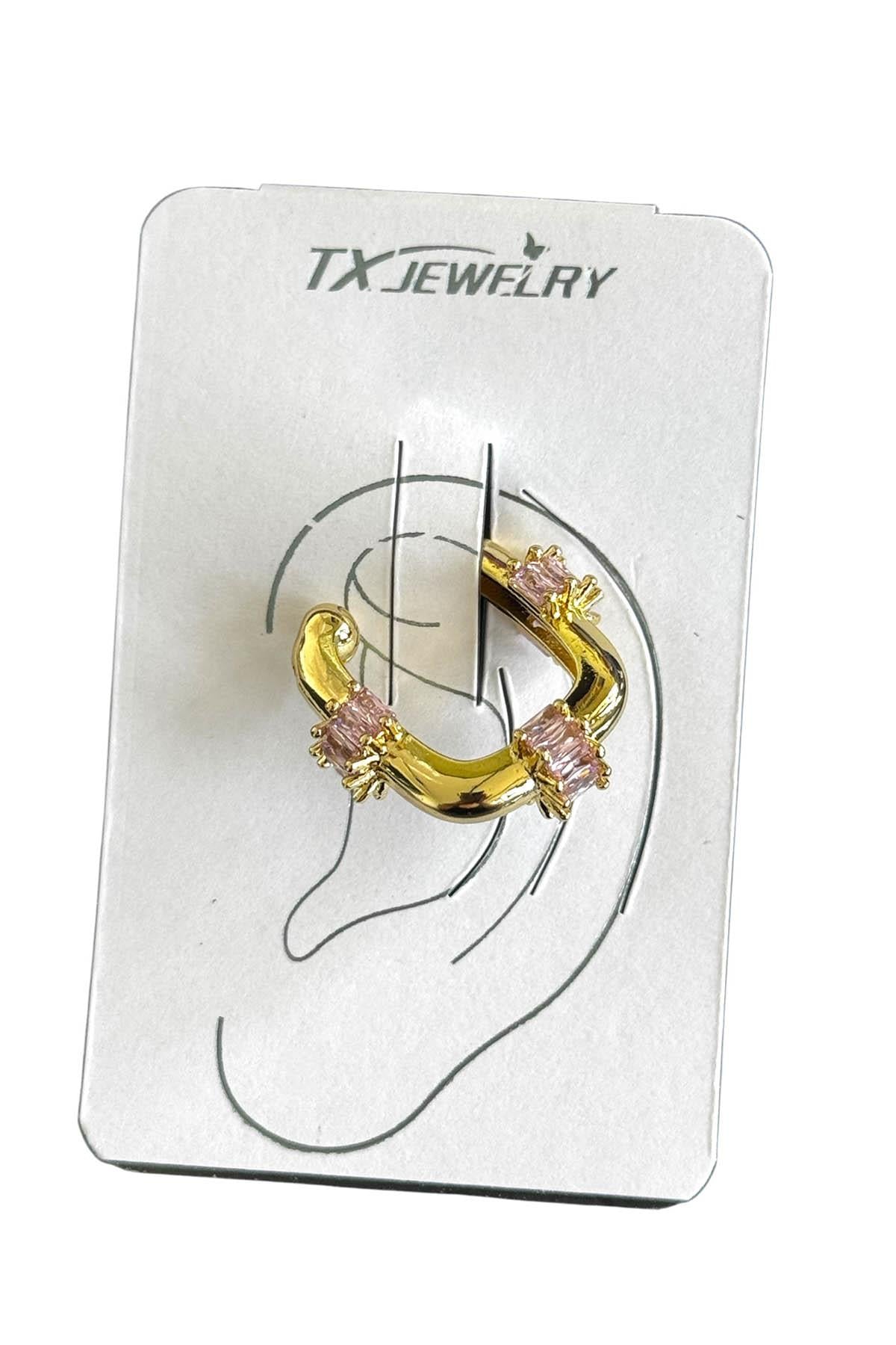 Altın Renk Taş Detaylı 14K Altın Kaplama TX Ear Cuff (Tek)