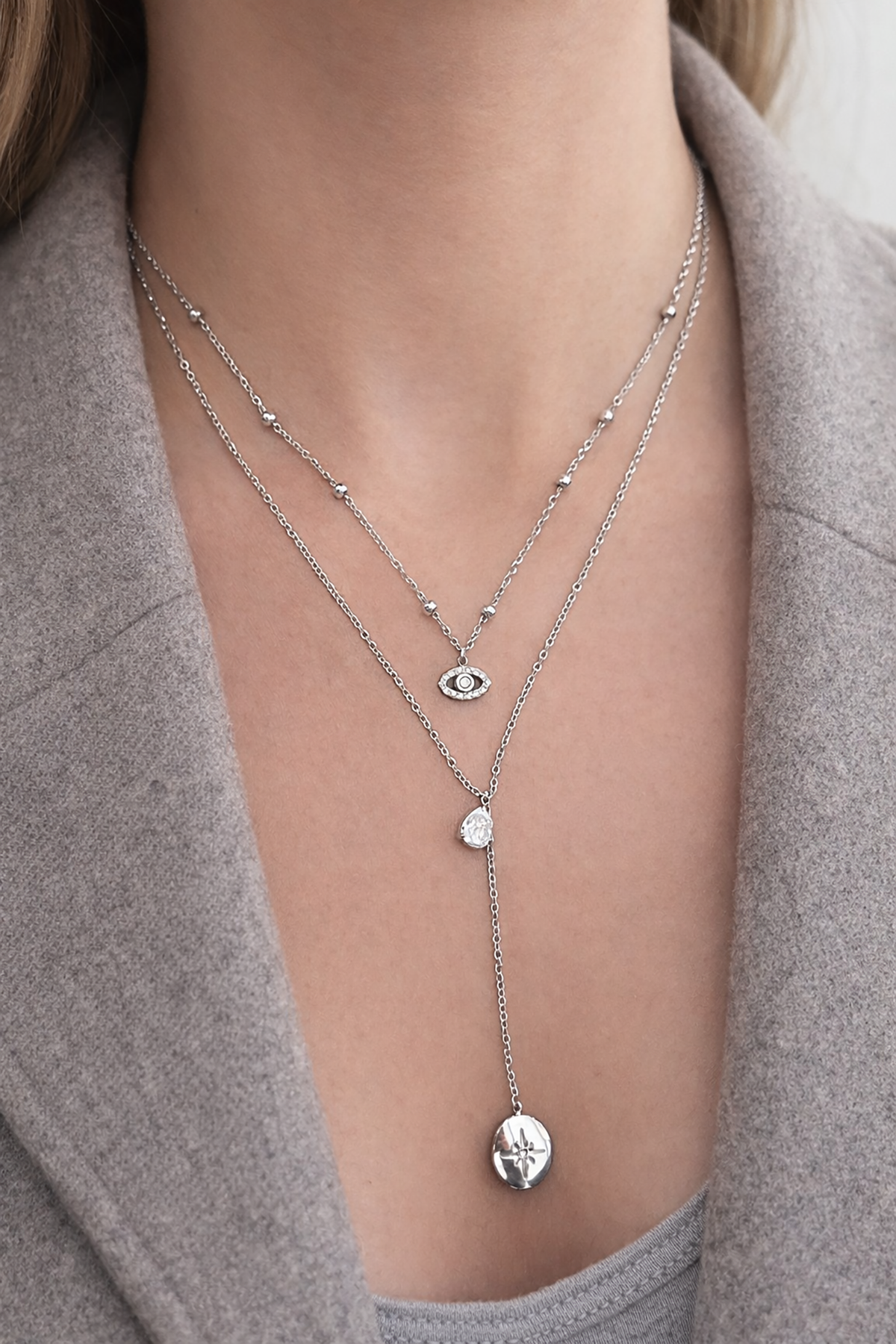 Gümüş Renk 2lİ Zincir Detaylı Taş Detay Çelik Y Kolye