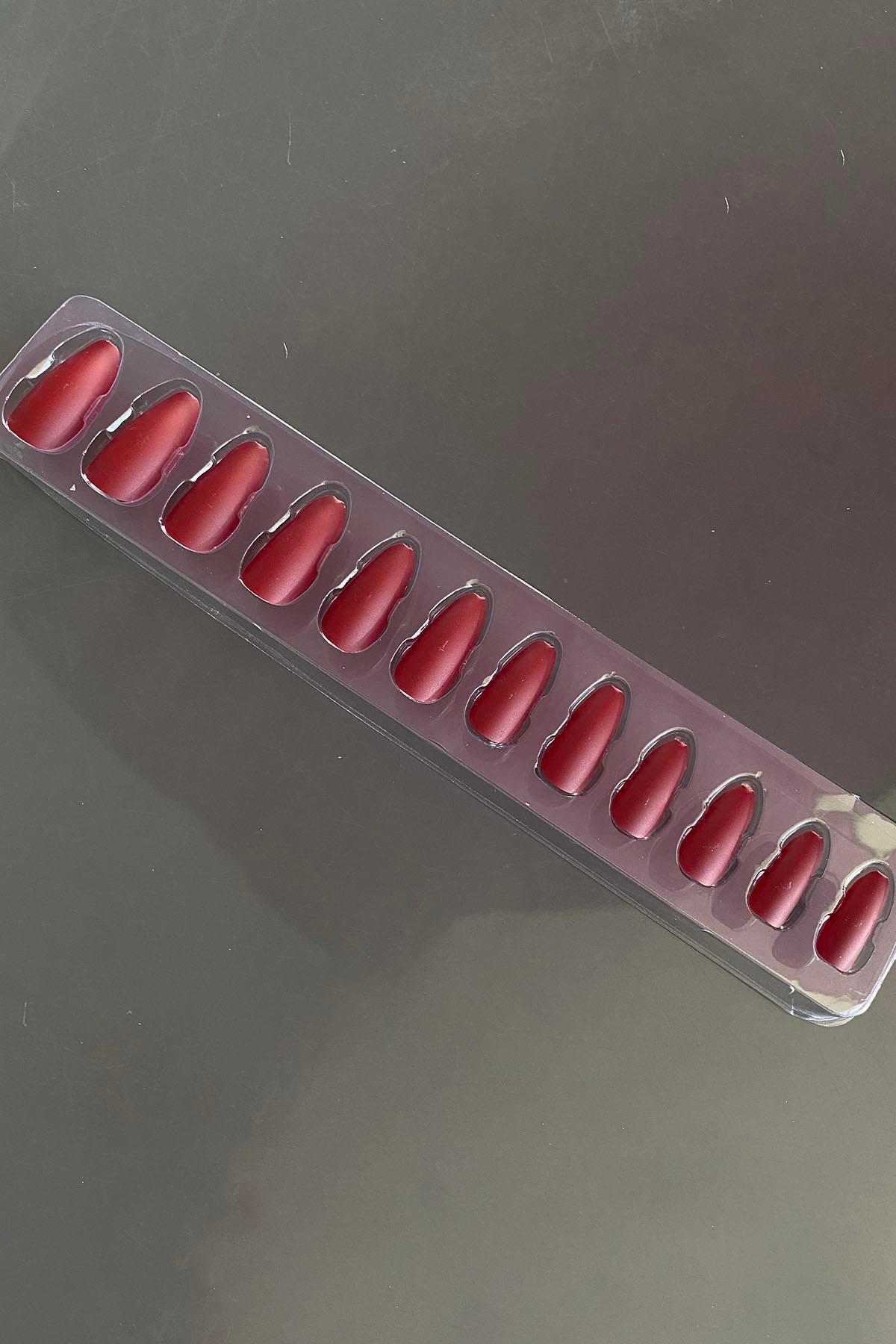 Bordo Renk 12li Takma Takma Tırnak (Yapıştırıcılı)