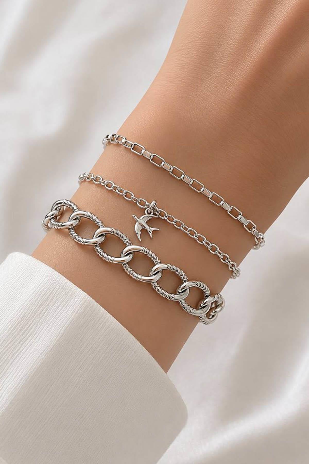 Gümüş Renk Kuş  Figürlü Zincir Detaylı 3lü Bileklik Set