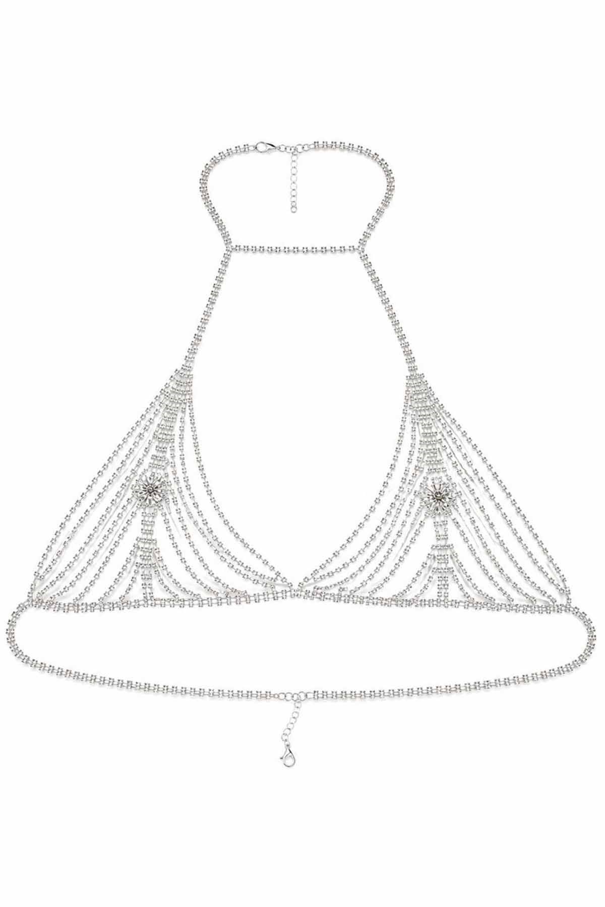 Gümüş Renk Taş Detaylı Bikini Üstü /Bralet /Vücut Aksesuarı