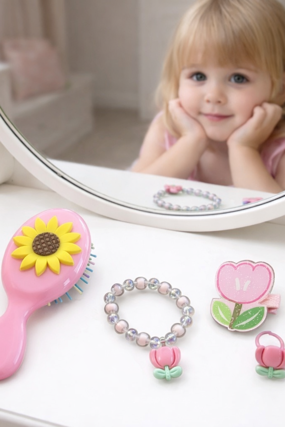 Açık Pembe Renk Çocuk Tarak,Bileklik,Yüzük Ve Toka Set