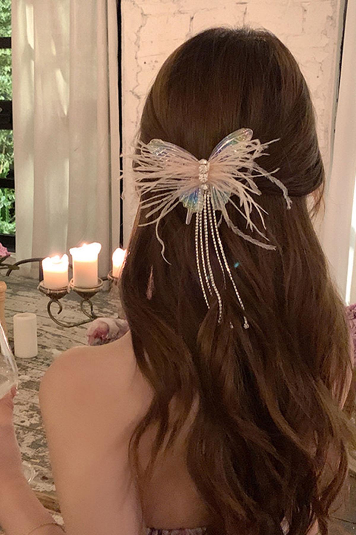 Şeffaf Renk Kelebek Figürlü Taş Detaylı Yan Toka