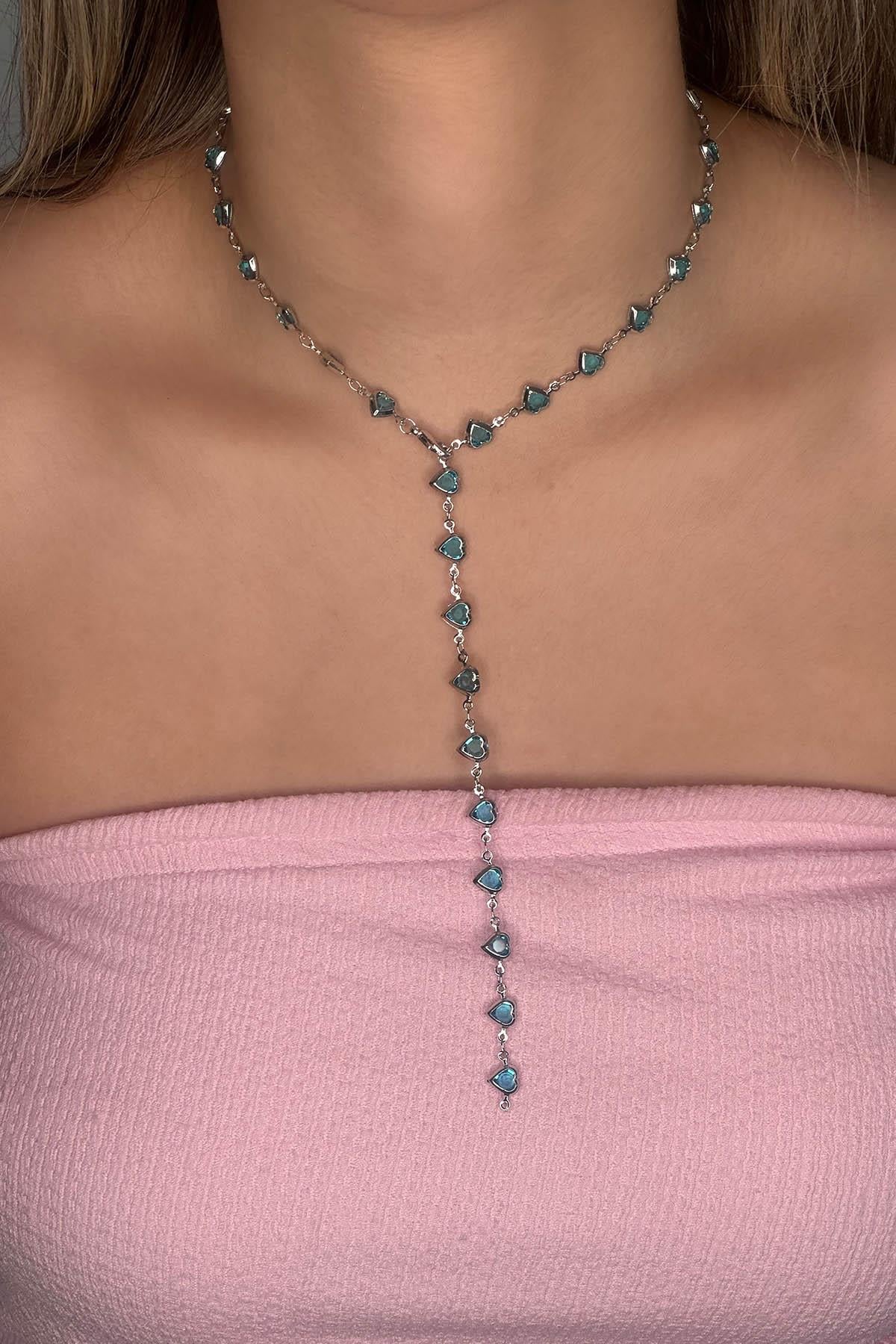 Gümüş Renk Taş Detaylı Çelik Y Kolye
