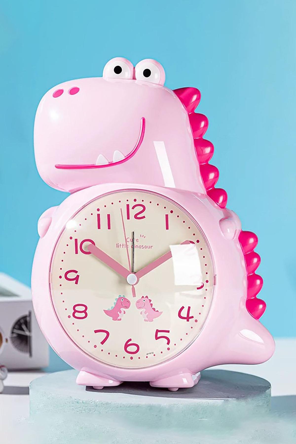 Pembe Renk Dinazor Figürlü Dekoratif Alarmlı Masa Saati