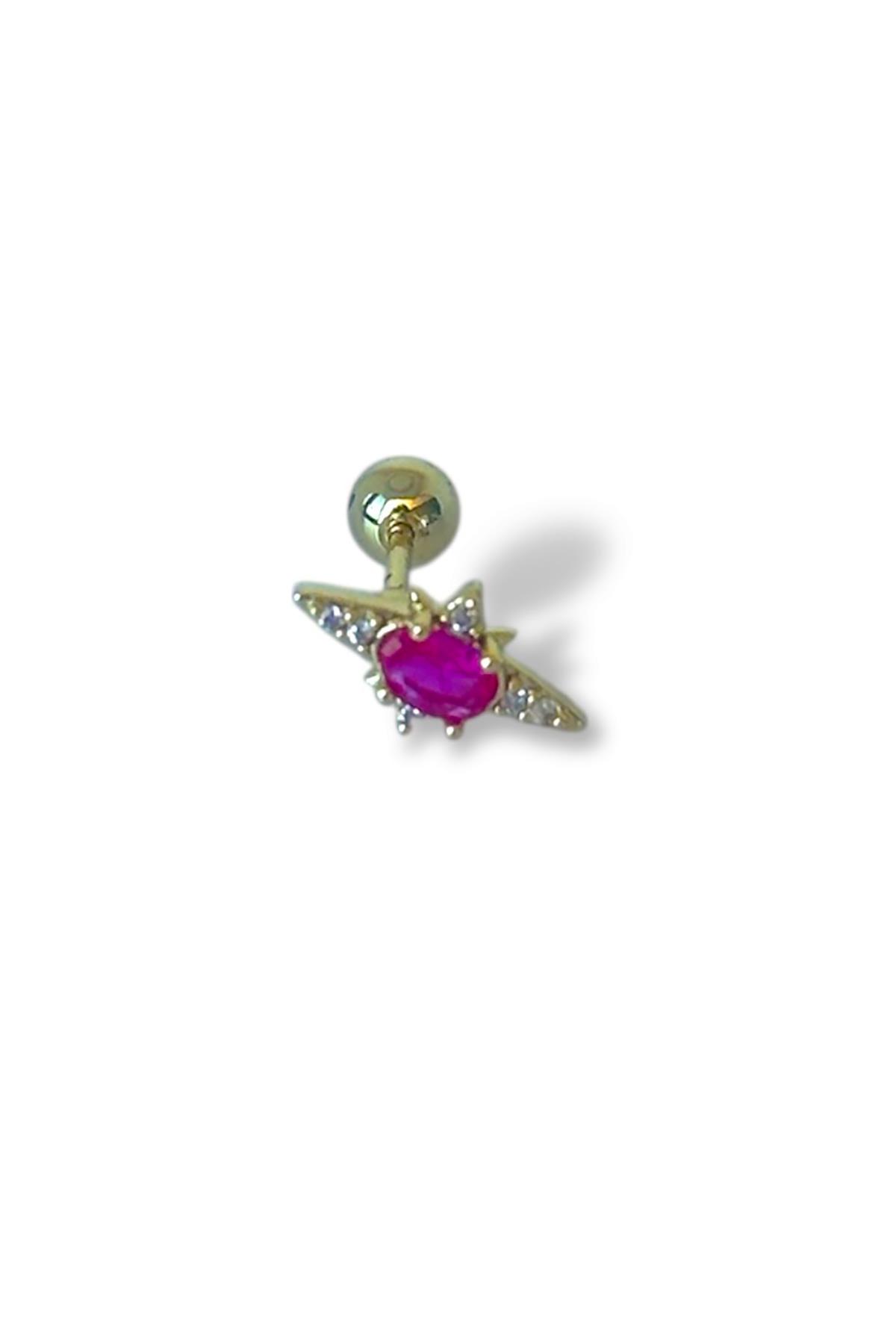 Altın Renk Taş Detaylı Çelik Tragus/Kıkırdak Küpe/Piercing (Tek)