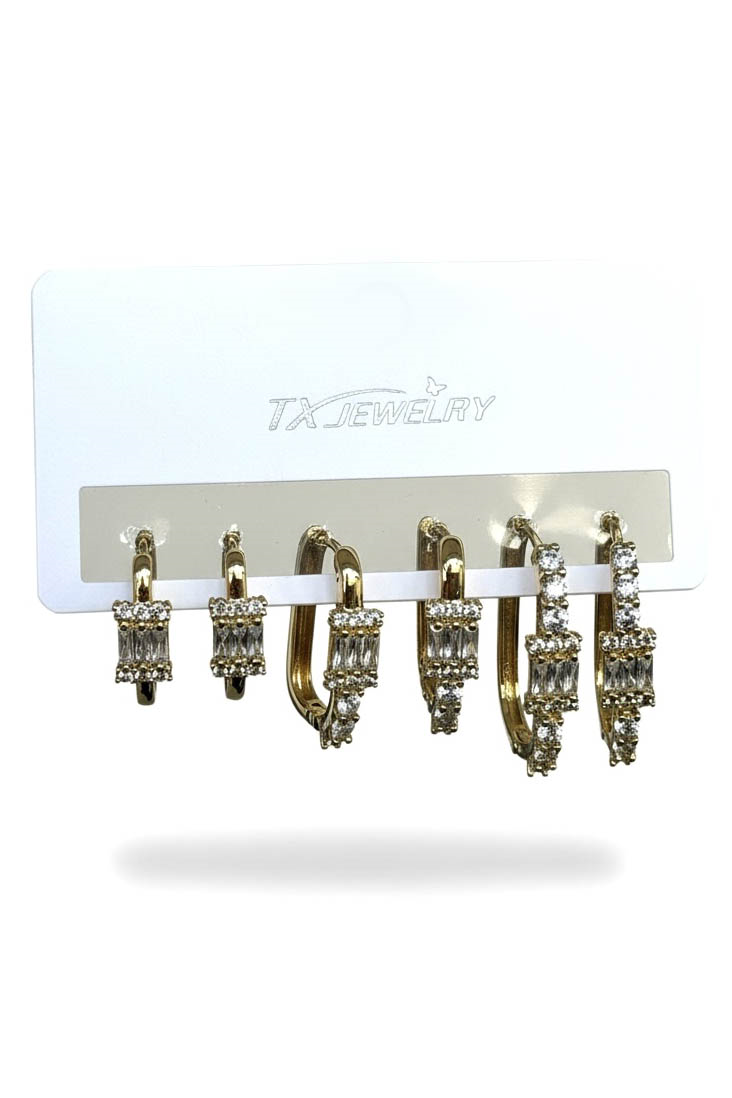 Altın Renk 6lı Taş Detaylı TX 14K Altın Kaplama Küpe Set 