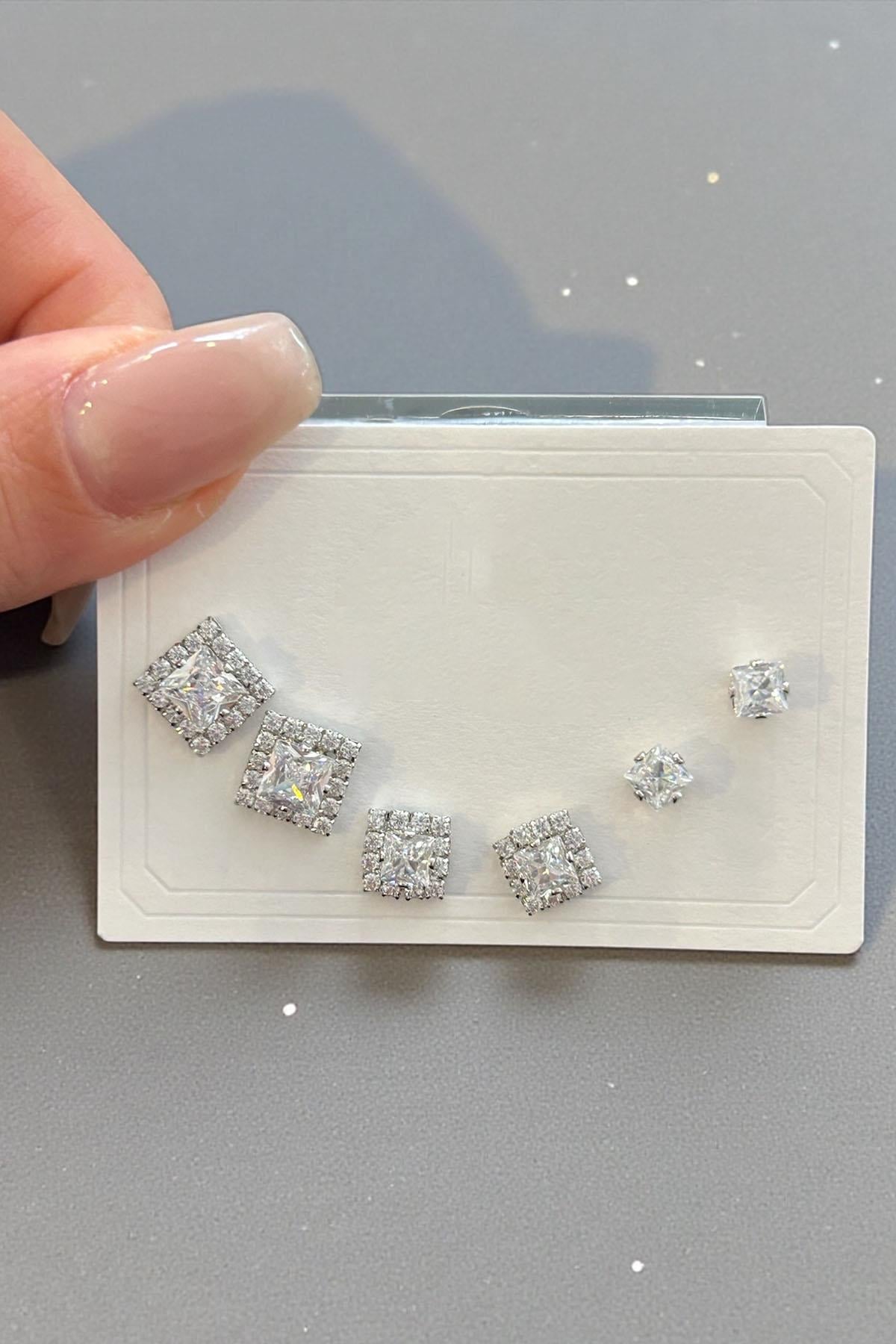 6lı Gümüş Renk Taş Detaylı Küpe Set