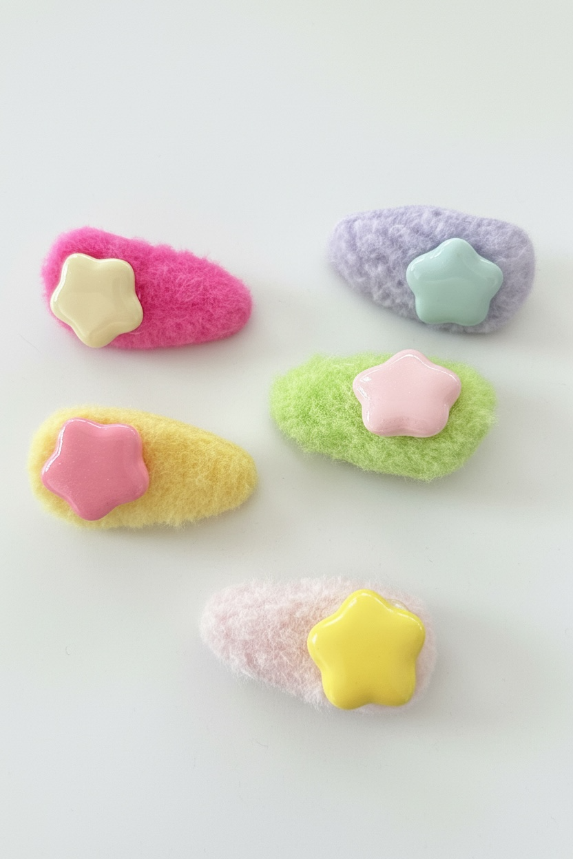 5li Karışık Renk Yıldız Figürlü Peluş Yan Toka Set