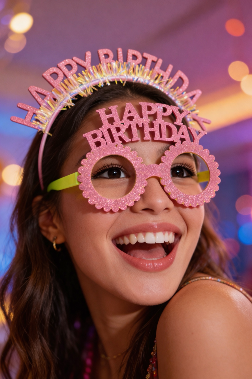 Pembe Renk Happy Birthday Yazılı Gözlük Ve Taç