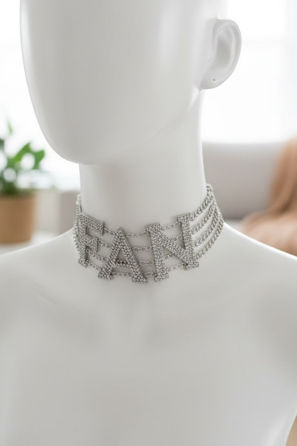 Gümüş Renk FAN Yazılı Taş Detaylı Choker Kolye