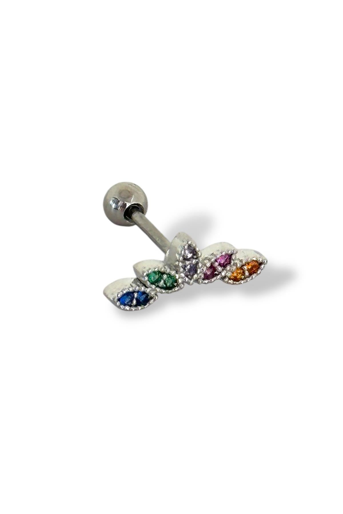 Gümüş Renk Renkli Taş Detaylı Çelik Tragus/Kıkırdak Küpe/Piercing (Tek)