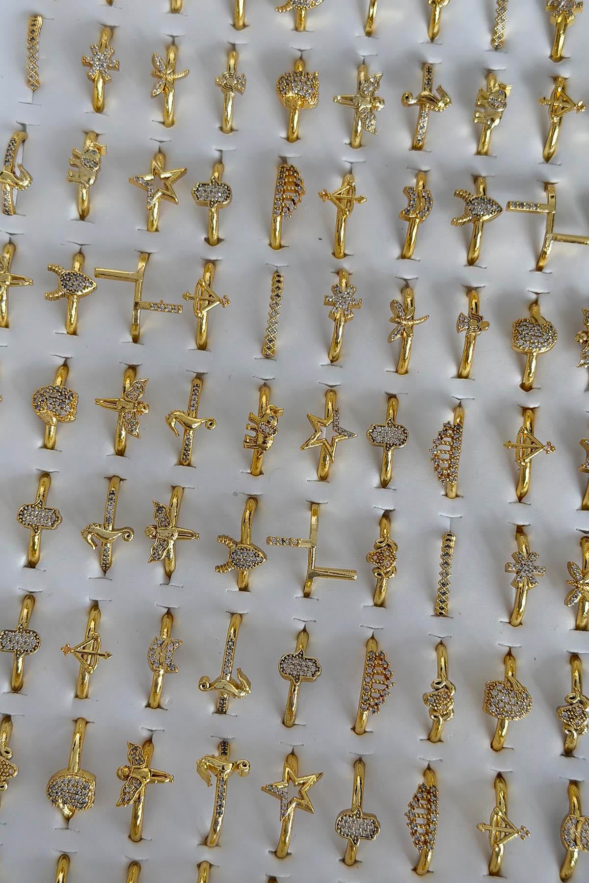 100lü Altın Renk Karışık Figürlü Ayarlanabilir Yüzük Set